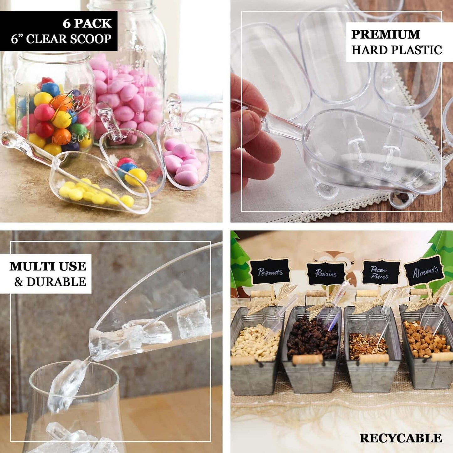 6-Pack Candy Scoops Kitchen Ice Scoop Design Clear - Plastic Disposable Supplies for Bar and Buffet Use 6"