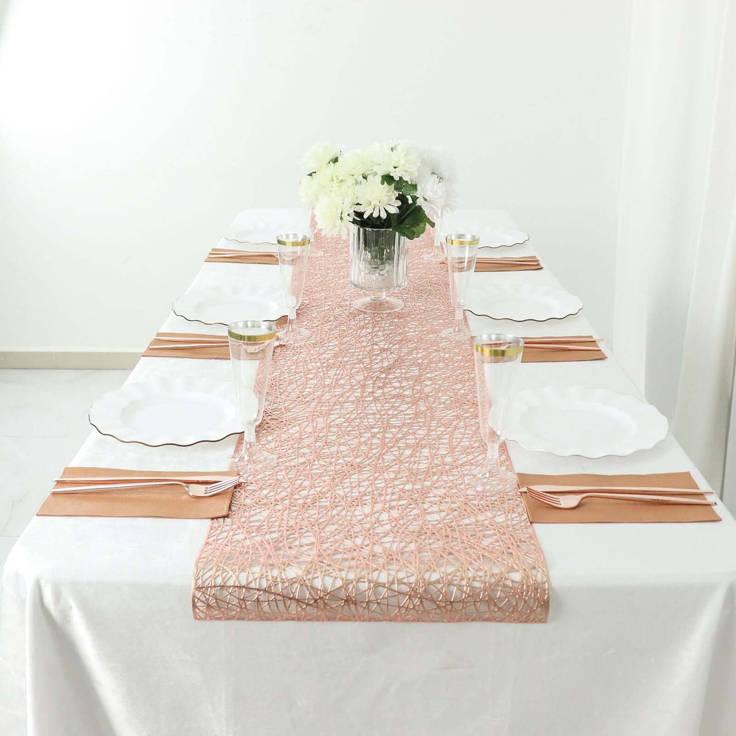 Plastic Woven Vinyl 13"x6ft Table Runner Metallic Rose Gold - Non-Slip & Reversible Tabletop Decor