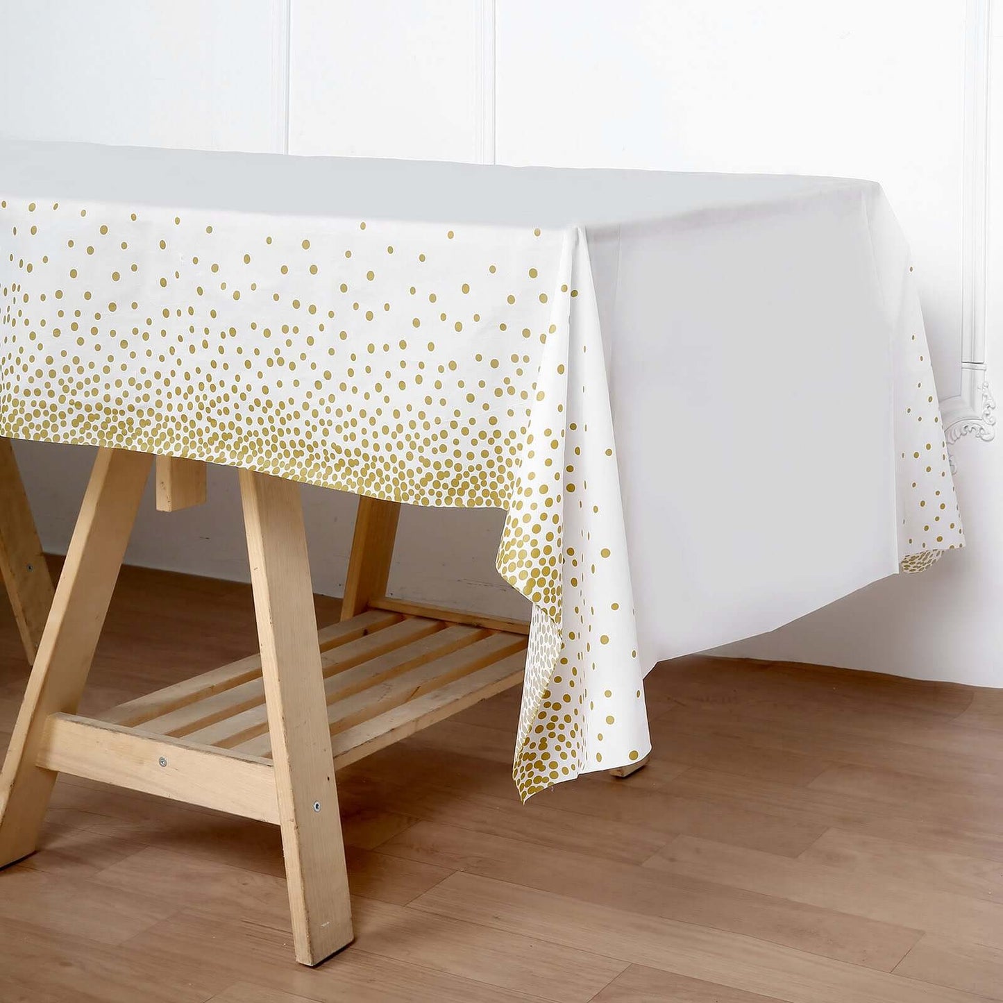 5-Pack Plastic Table Covers White Rectangle with Gold Confetti Dots - Durable PVC Disposable Tablecloths for Events 54"x108"