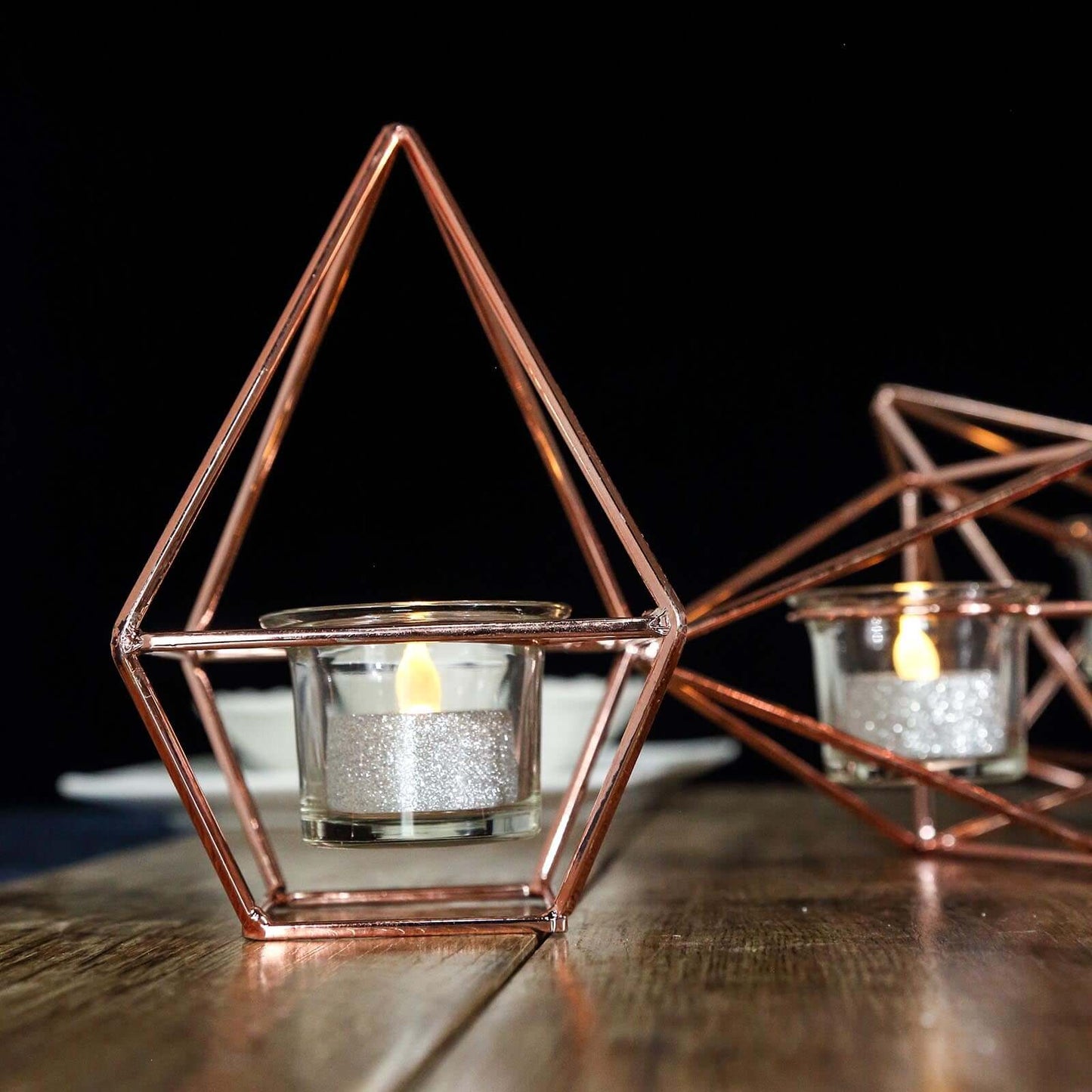 Set of Metal Candle Holders Linked Geometric Design Rose Gold - Modern Votive Glass Decor for Tables & Gatherings 16"