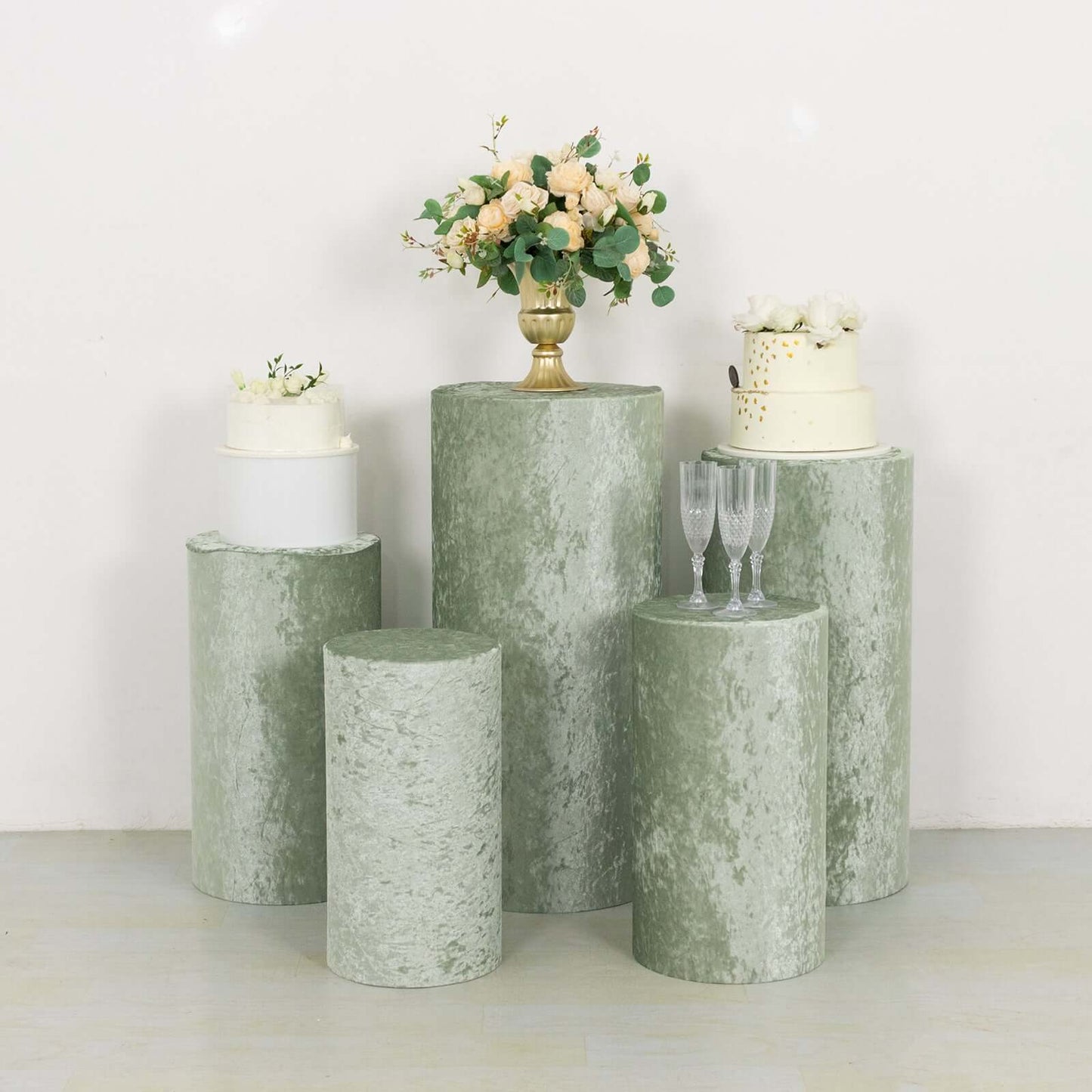 Set of 5 Sage Green Crushed Velvet Cylinder Pedestal Stand Covers, Premium Pillar Prop Covers