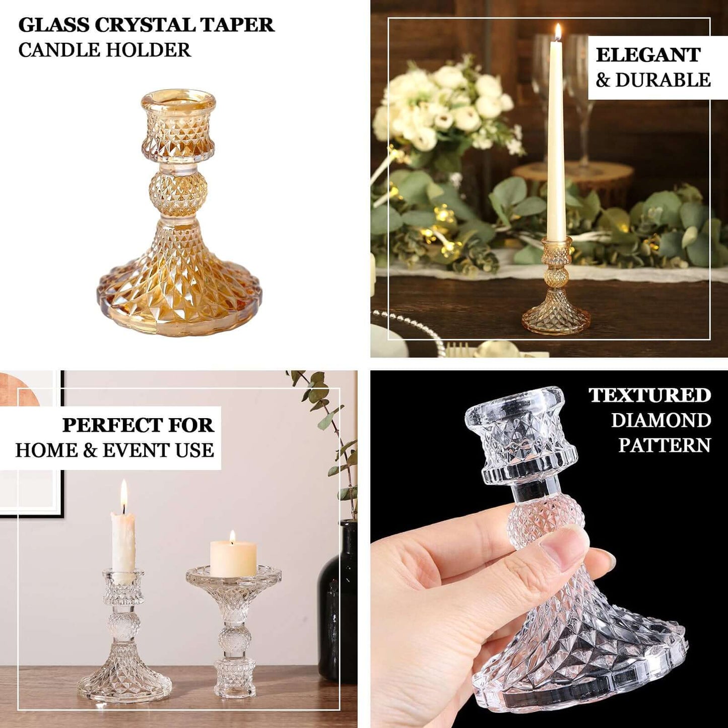 6-Pack Glass Taper Candlestick Holders Diamond Pattern Design Clear - Reversible Crystal Pillar Votive Stands 4"