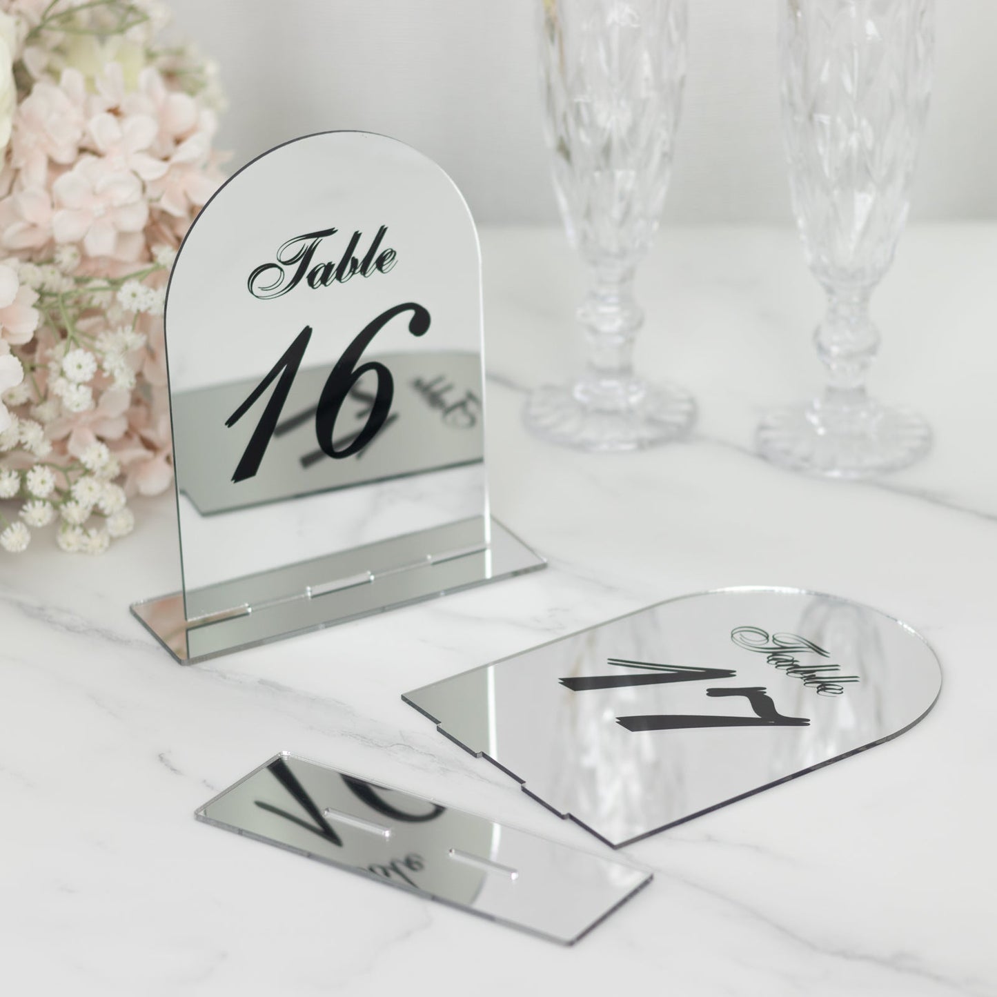 Silver Mirror Arch Acrylic Table Numbers (11-20) - 6"x7" Wedding Reception Signs with Black Print & Stands