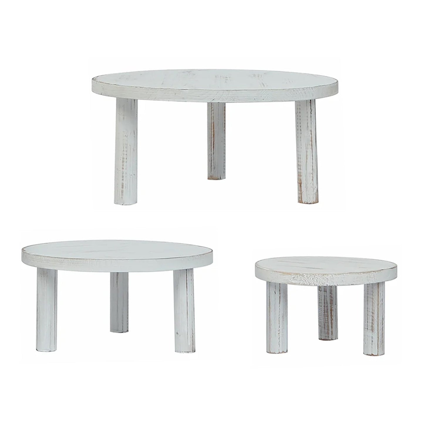 Set of 3 Wooden Pedestal Cake Stands Whitewash with Removable Legs - Stackable Round Rustic Plant Risers 7", 9.5", 12"