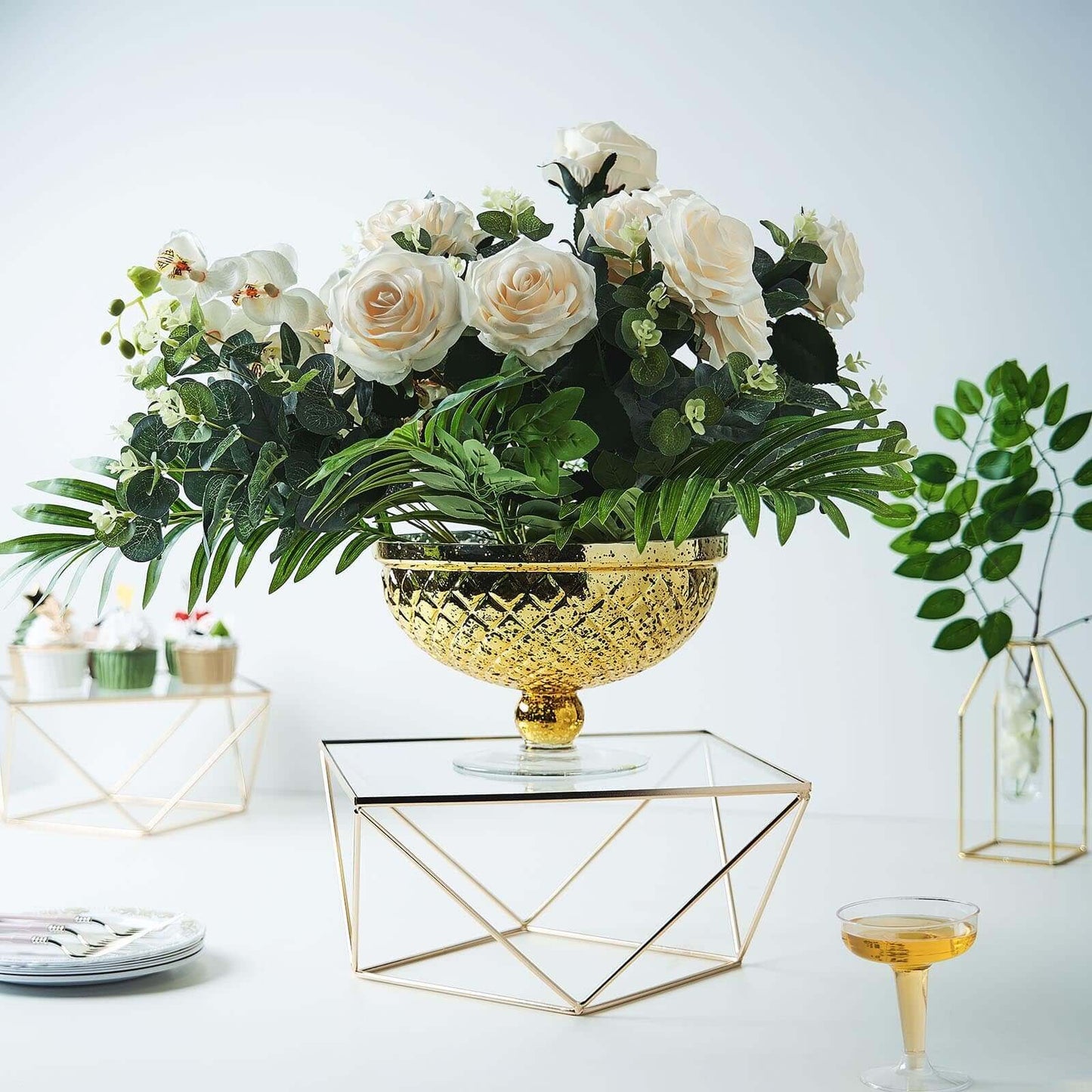 Metal Cake Stand Geometric Pedestal Riser Design Gold with Square Glass Top - Display Centerpiece 14"