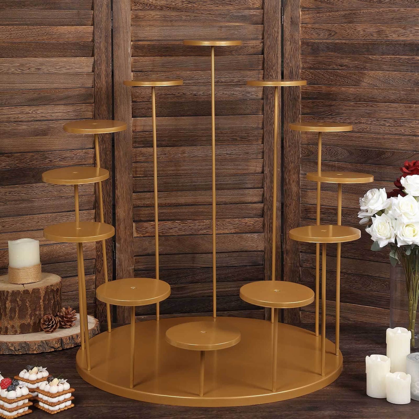Metal Cake Stand with 12-Arm Tiered Cupcake Holders Gold - Layered Dessert Display Tower Centerpiece for Luxurious Weddings Gala Events & Dessert Buffets 29"