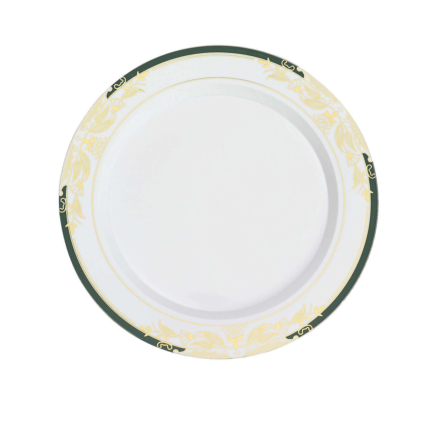 10-Pack Plastic 8" Round Dessert Plates in White with Hunter Emerald Green Rim - Stylish Gold Vine Design Disposable Salad/Appetizer Plates for Special Occasions & Celebrations
