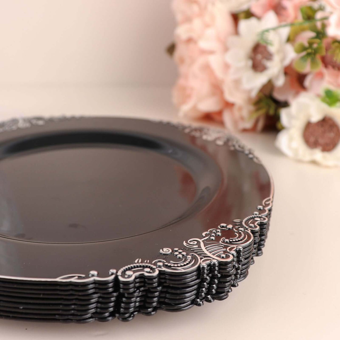10-Pack Plastic 8" Round Dessert Plates in Black with Silver Leaf Embossed Rim - Disposable Vintage Baroque Style Salad Plates