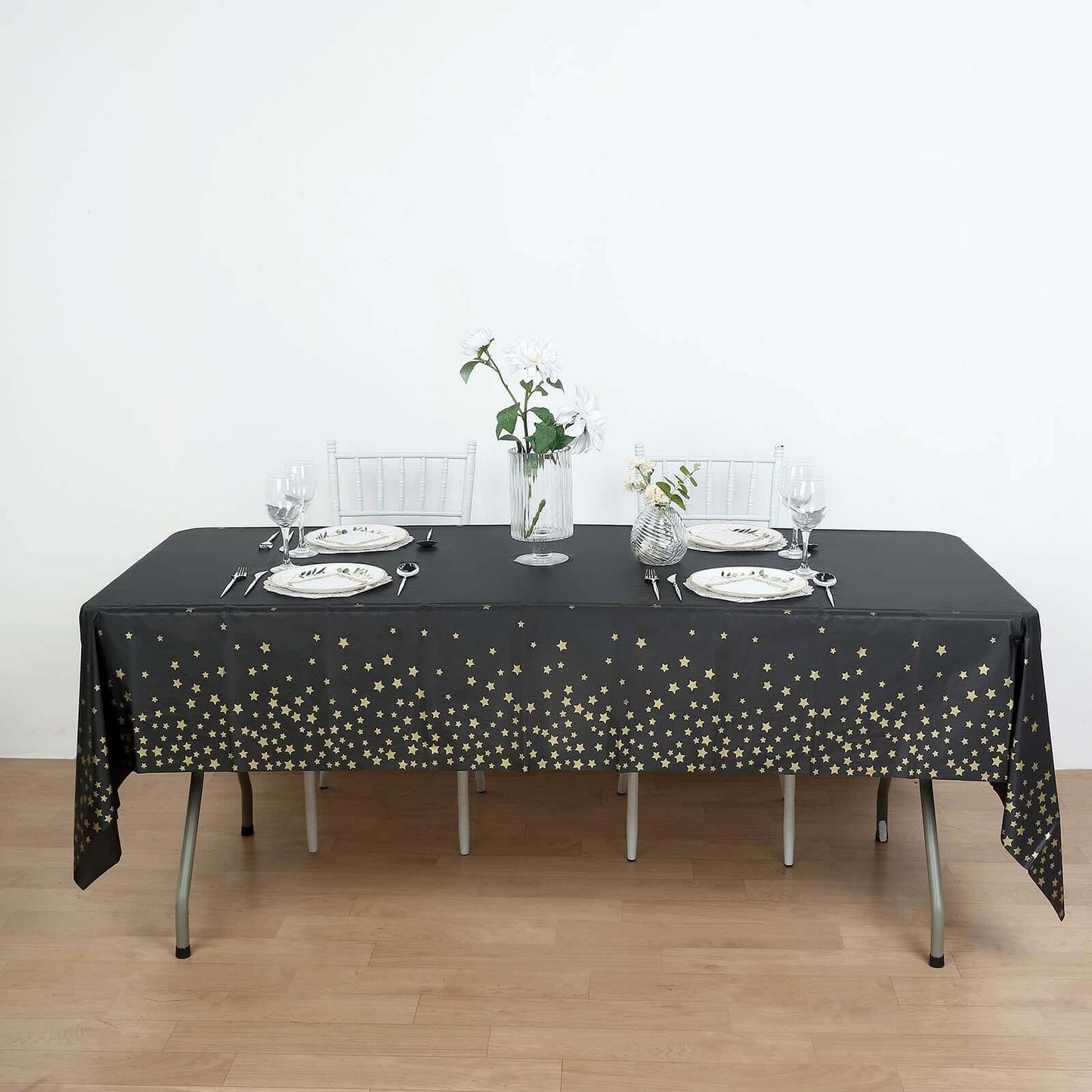 5-Pack Plastic Table Covers Black Rectangle with Gold Stars - Decorative PVC Disposable Tablecloths 54"x108"