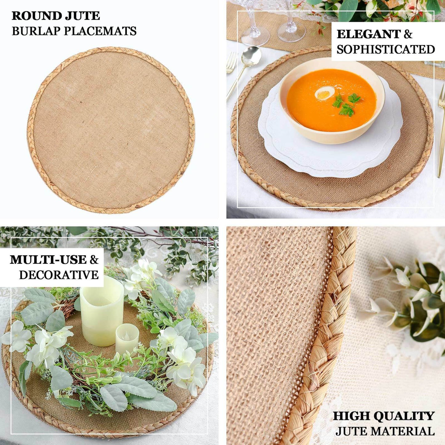 4-Pack Placemats Braided Edge Design Natural Burlap Jute Round - Rustic Farmhouse Style with Trim 15"