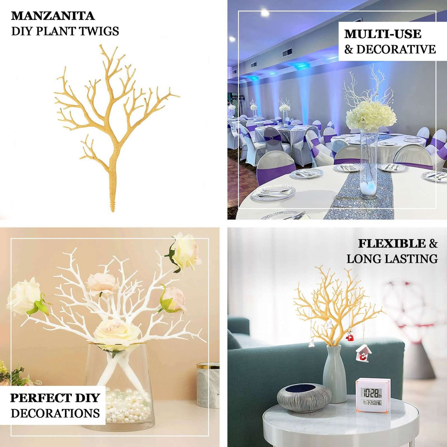 10-Pack Artificial Manzanita Tree Branch Metallic Gold for Vase Filler Home Wedding Centerpiece Ornament 14"