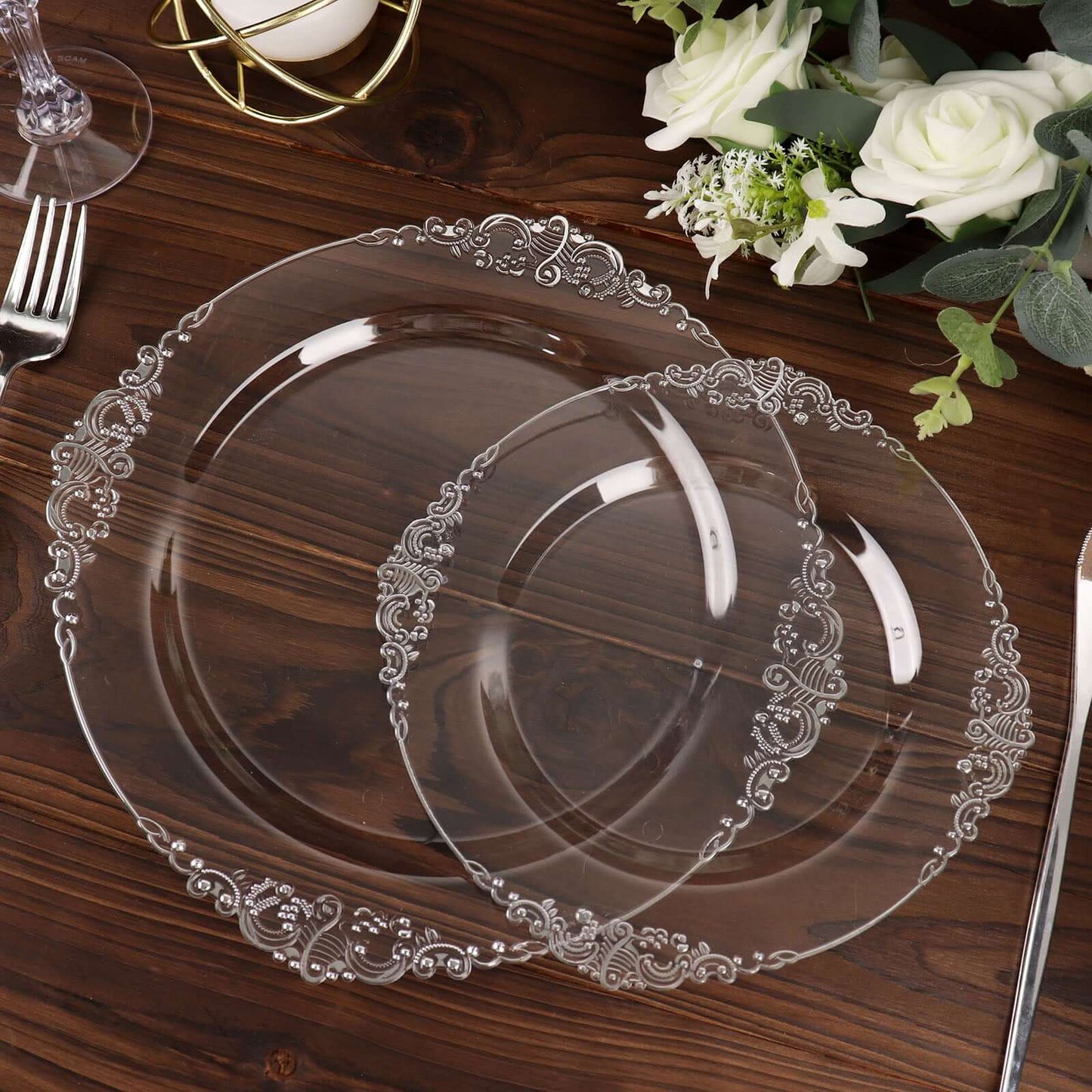 10-Pack Plastic 8" Round Dessert Plates in Clear with Silver Leaf Embossed Rim - Disposable Vintage Baroque Style Salad Plates