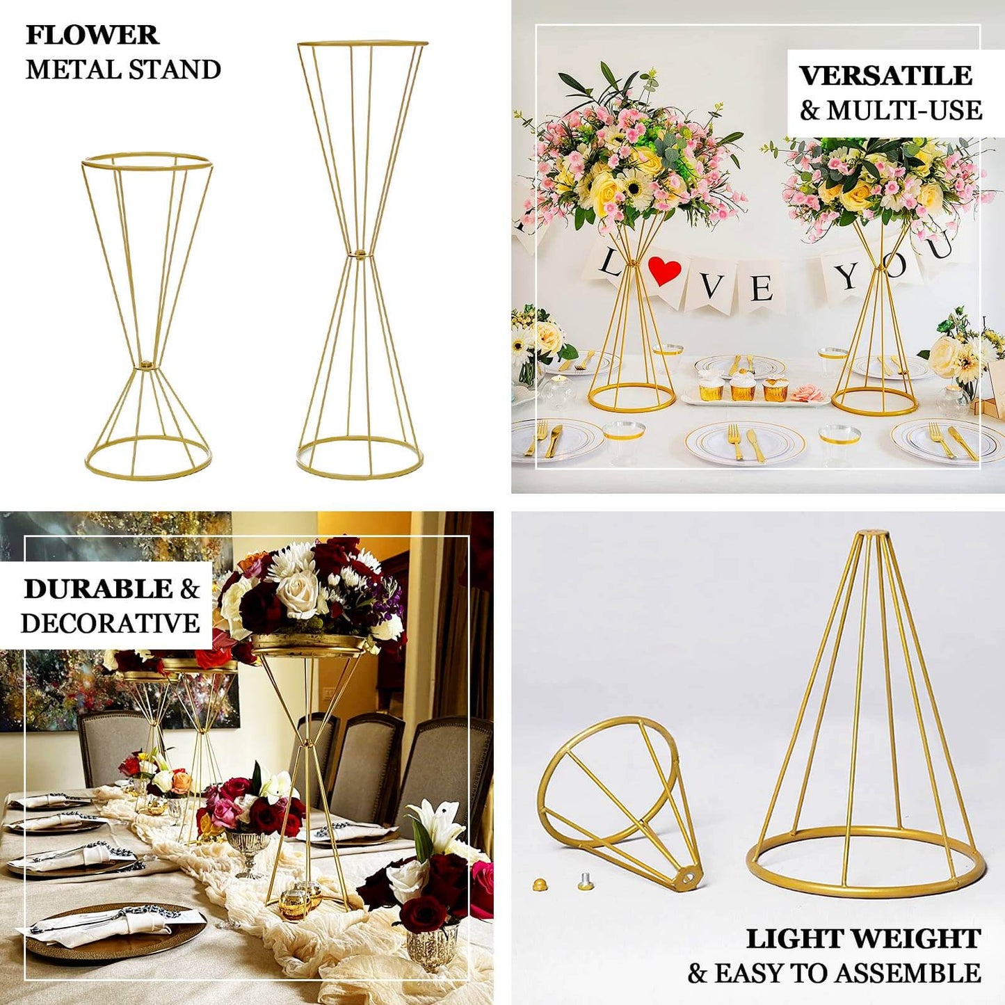 Dual Cone Reversible Flower Stand Gold Metal Geometric Pedestal - Wedding Centerpiece 27"