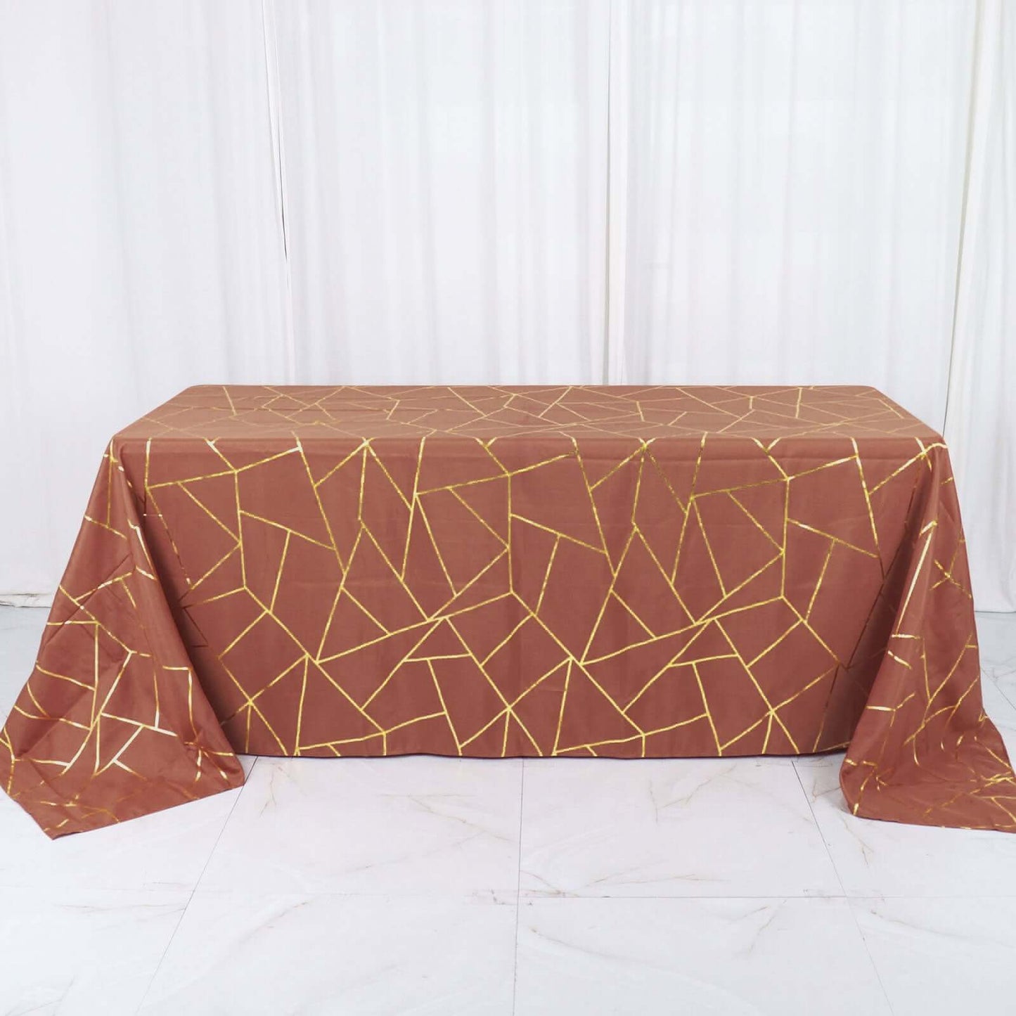 Polyester 90"x132" Rectangle Tablecloth Terracotta (Rust) with Gold Foil Geometric Pattern - Wrinkle-Resistant Seamless Table Cover