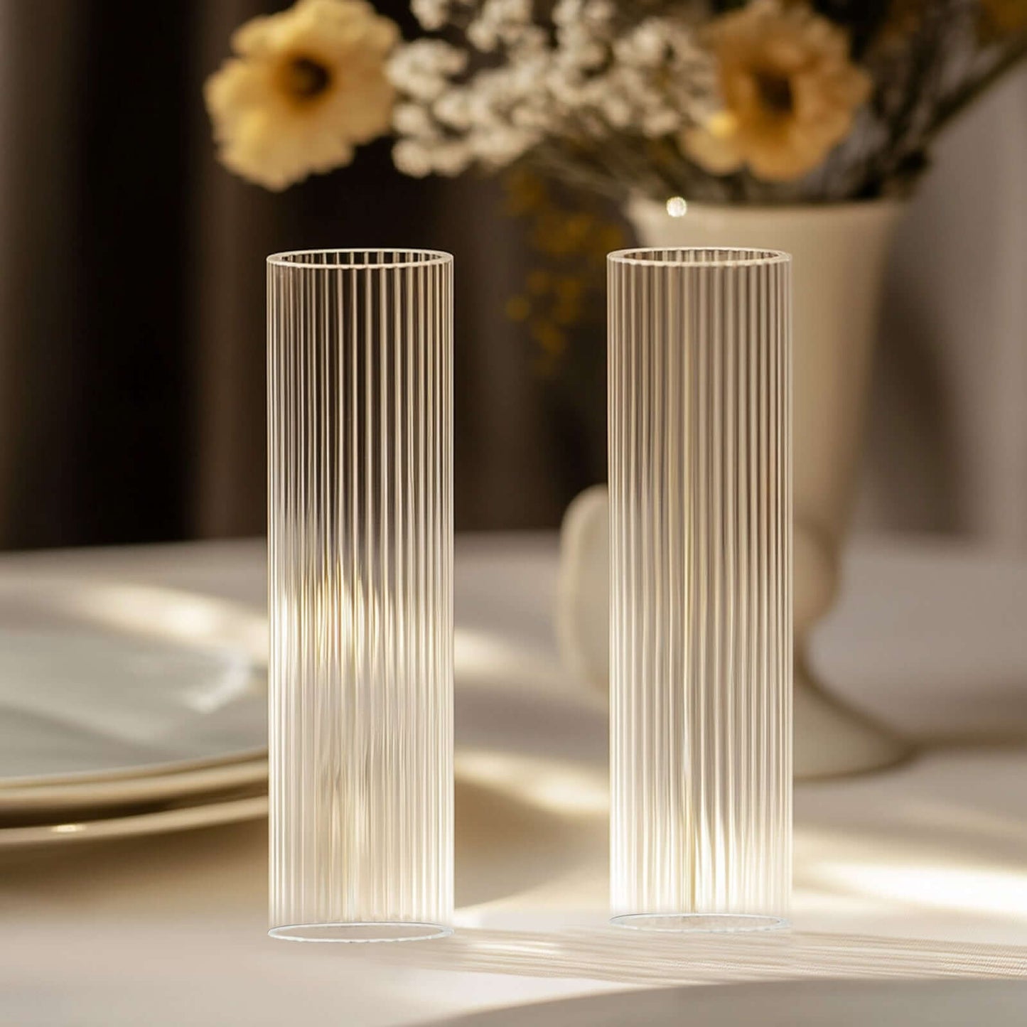 2-Pack Clear Ribbed Glass Hurricane Shades Open End Design - Stylish Candelabra Pillar Candle Holder Table Centerpiece 18"