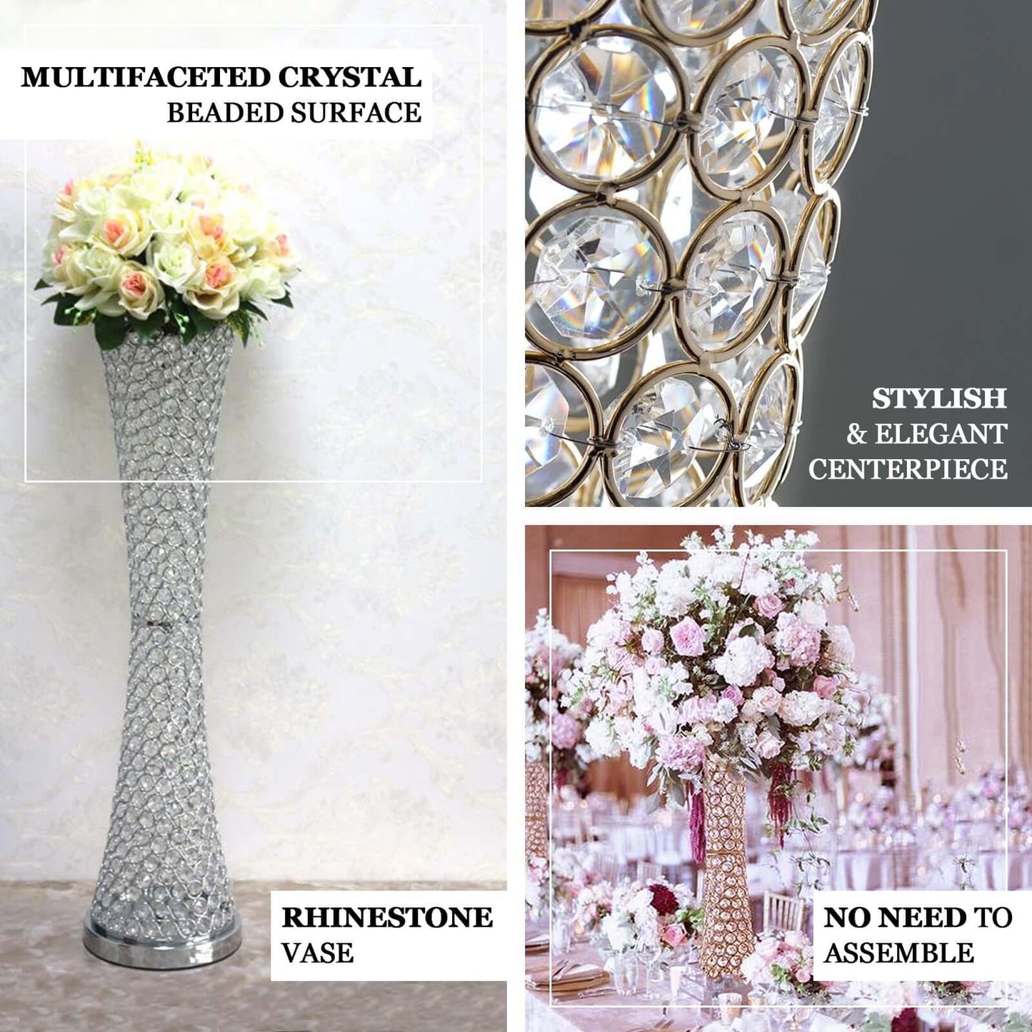 Metal Hurricane Floral Vase Centerpiece Metallic Gold with Crystal Beaded Design - Table Decorative Stand 24"