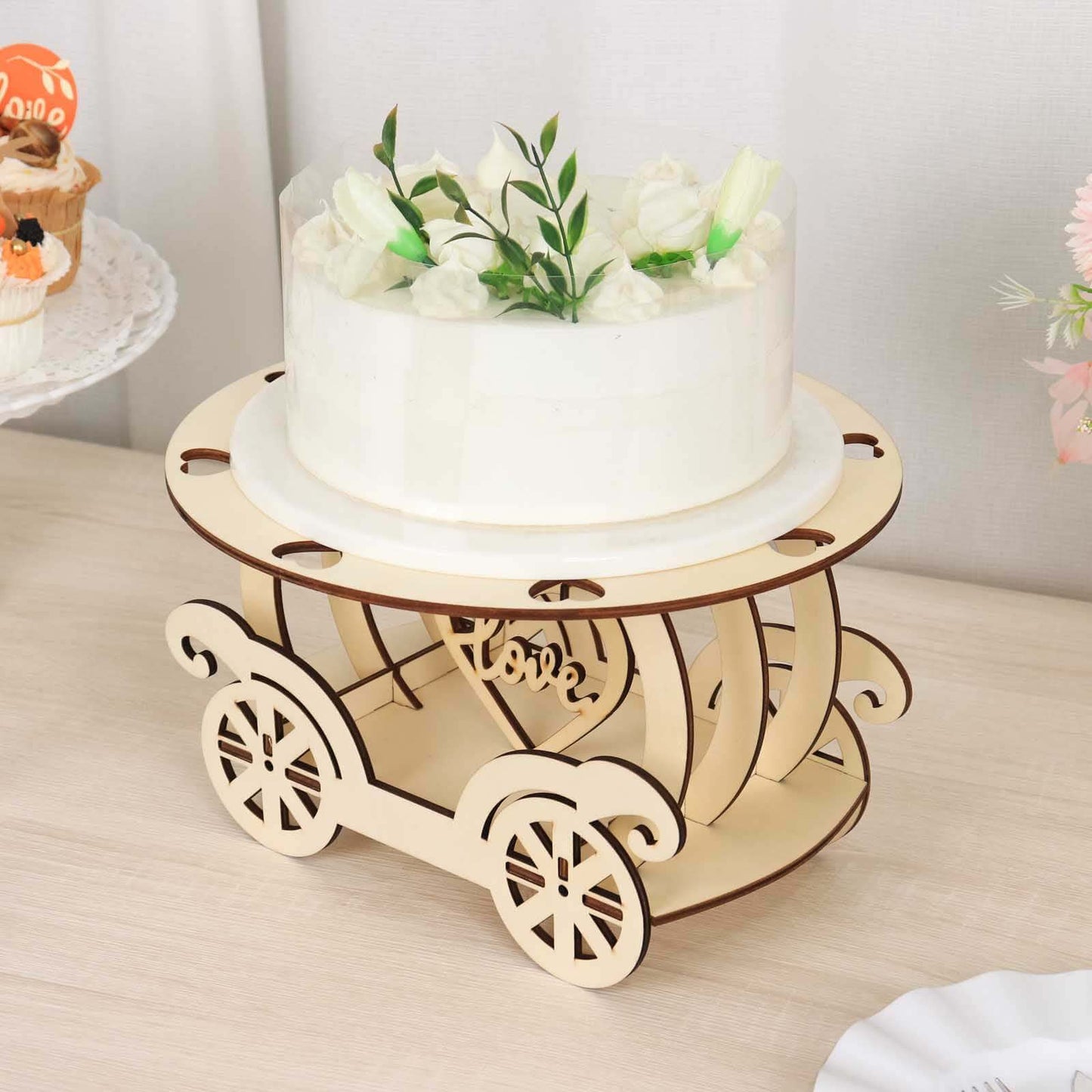 Wooden Wedding Cake Stand Carriage Shape Natural with Laser Cut Design - Round Cupcake Holder Display Plate 12"