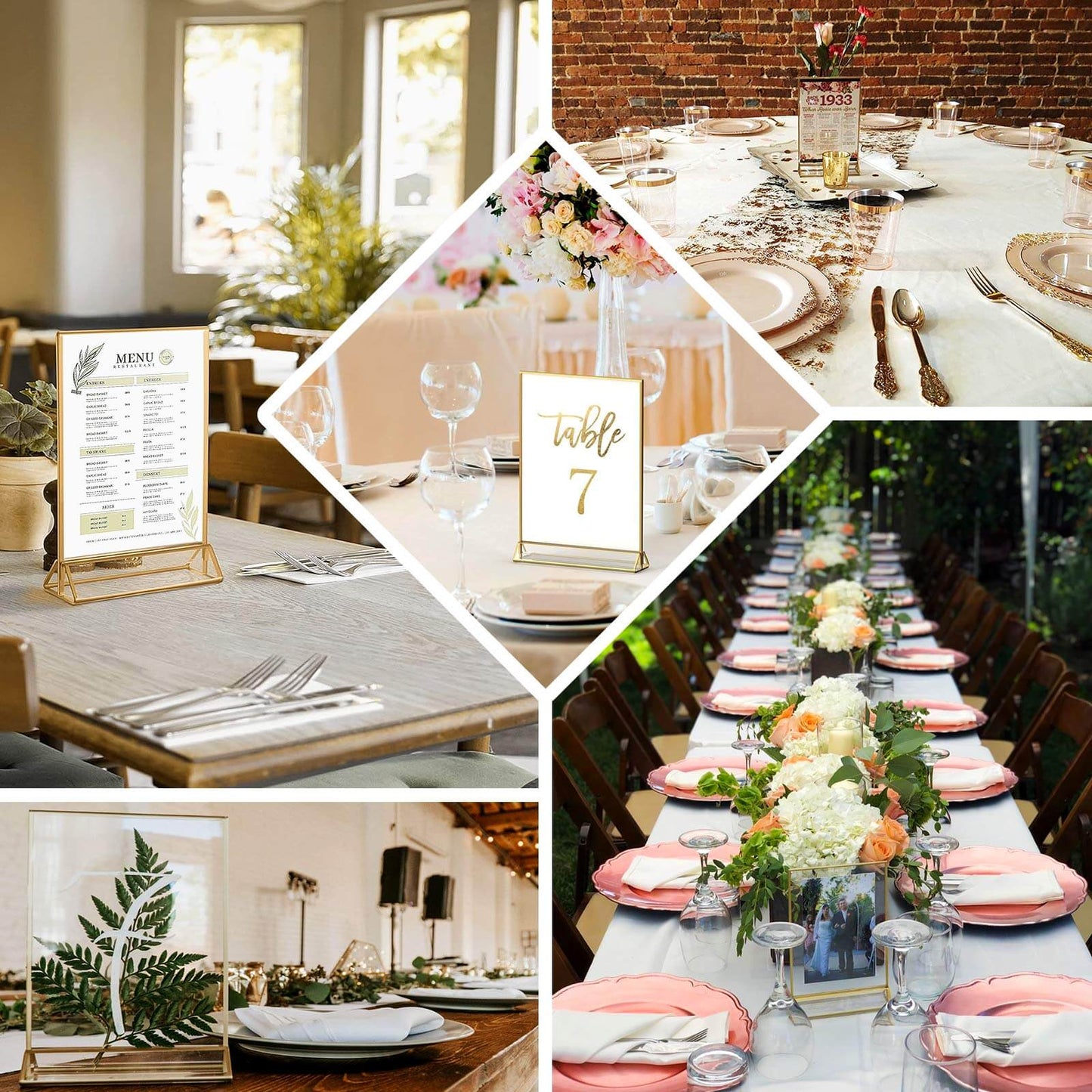 6-Pack Gold Acrylic Rectangular Frame Sign Holders Clear Double-Sided Display with White Cardboard - Suitable for Banquets 9"x11"