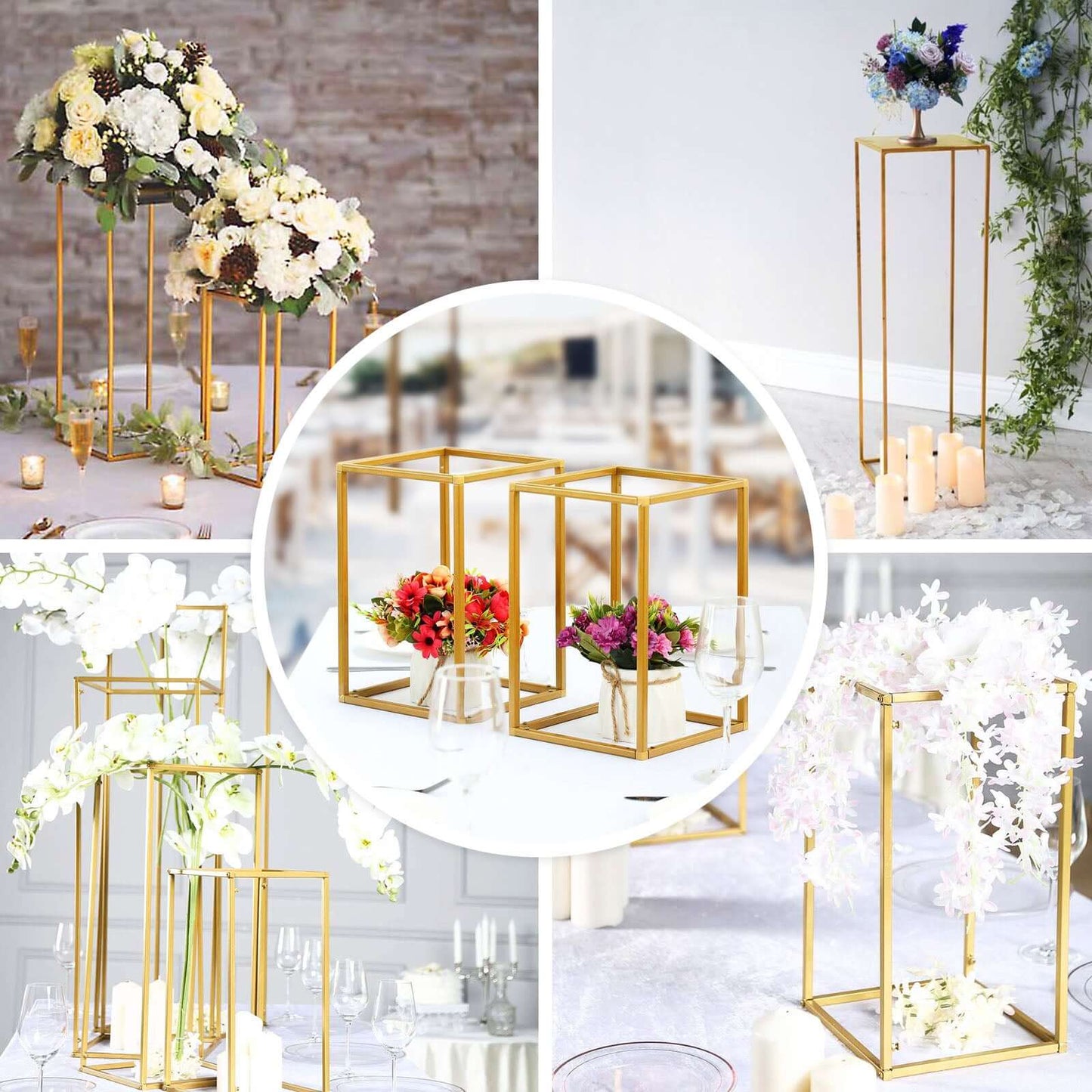 2-Pack Wedding Flower Stand Gold Metal Geometric Column Frame Rectangular - Versatile Floral Pedestal for Sophisticated Arrangements 32"