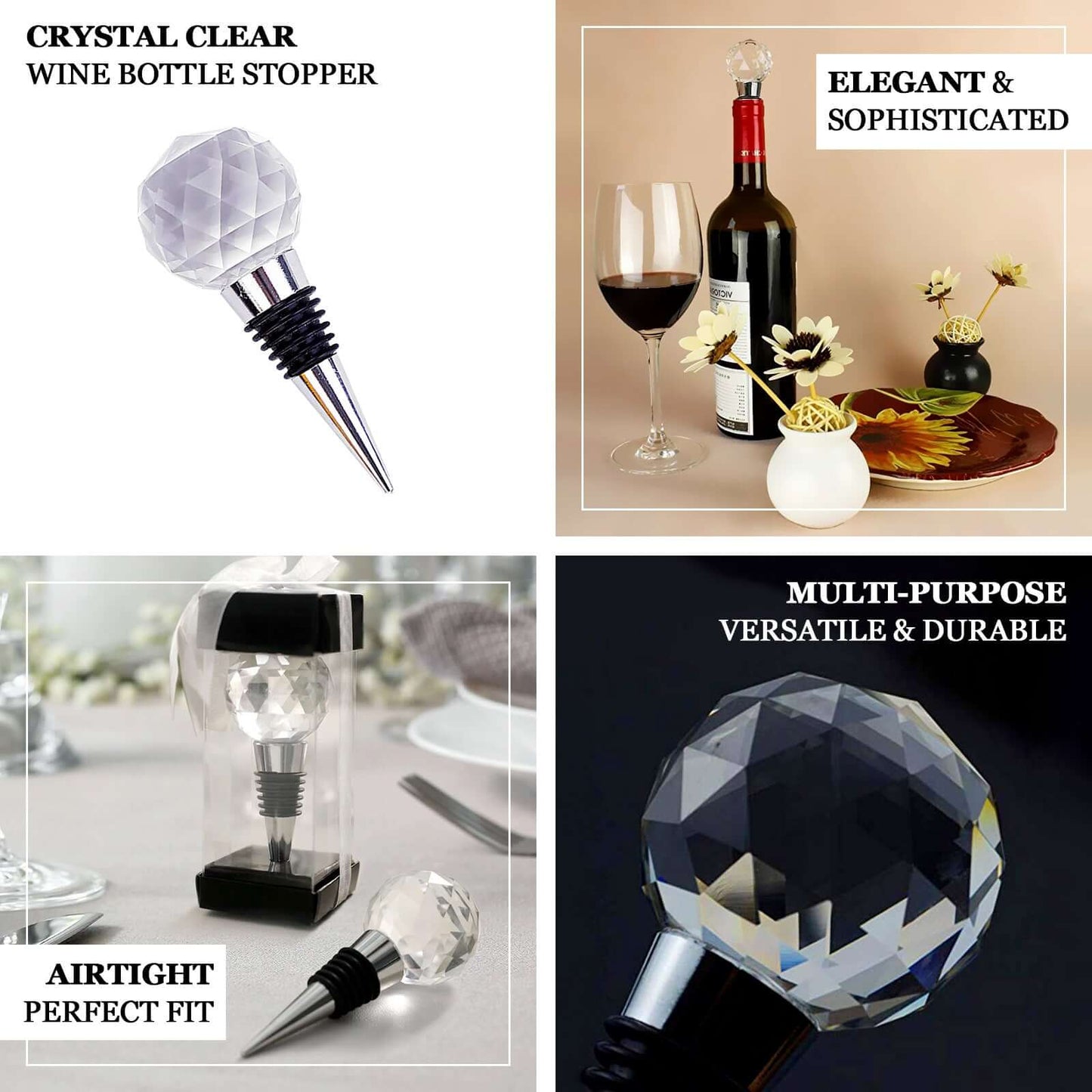 Crystal Glass Ball Metal Wine Bottle Stopper Plug Party Favor Gift Box - Clear Box, Thank You Card, and Ribbon Included