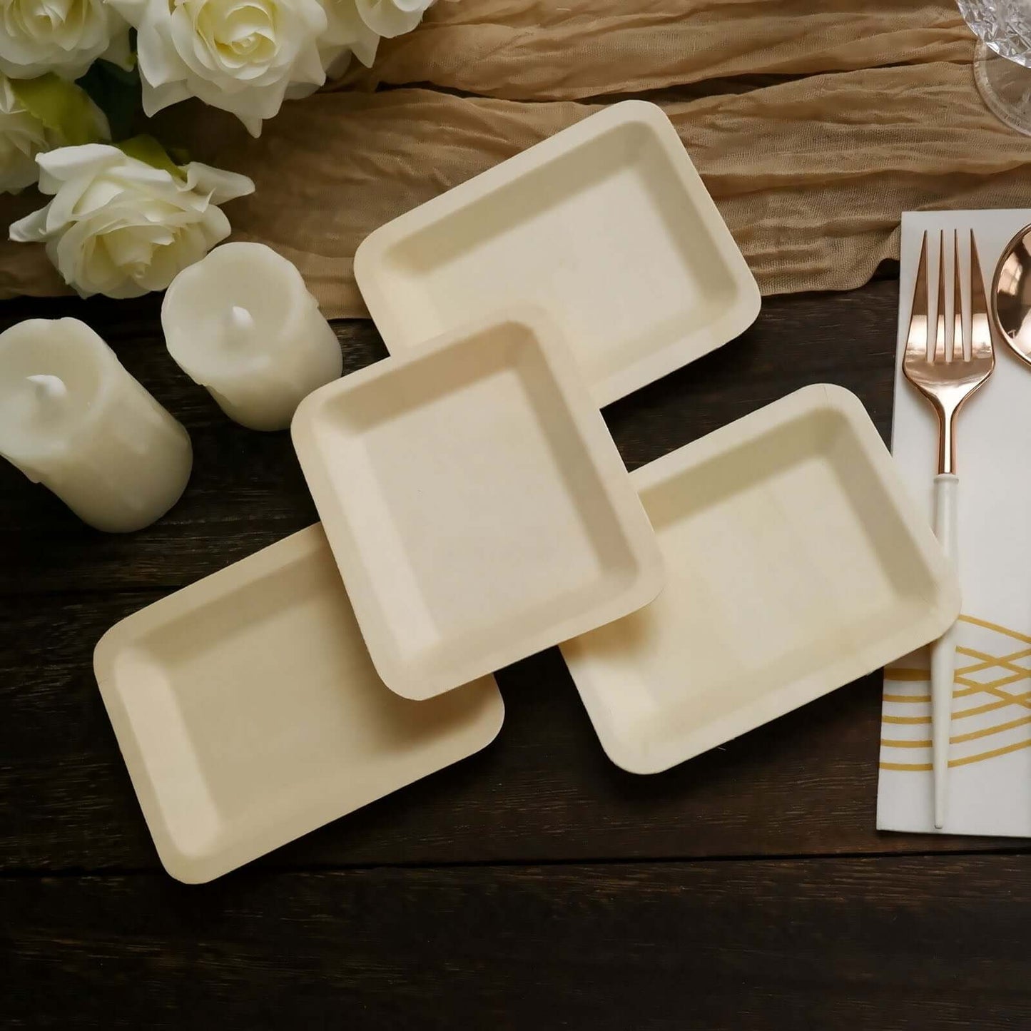 25-Pack Birchwood 4"x5" Rectangle Dessert Plates - Natural Eco Friendly Wooden Disposable Plates for Farmhouse-Style Events, Parties & Gatherings
