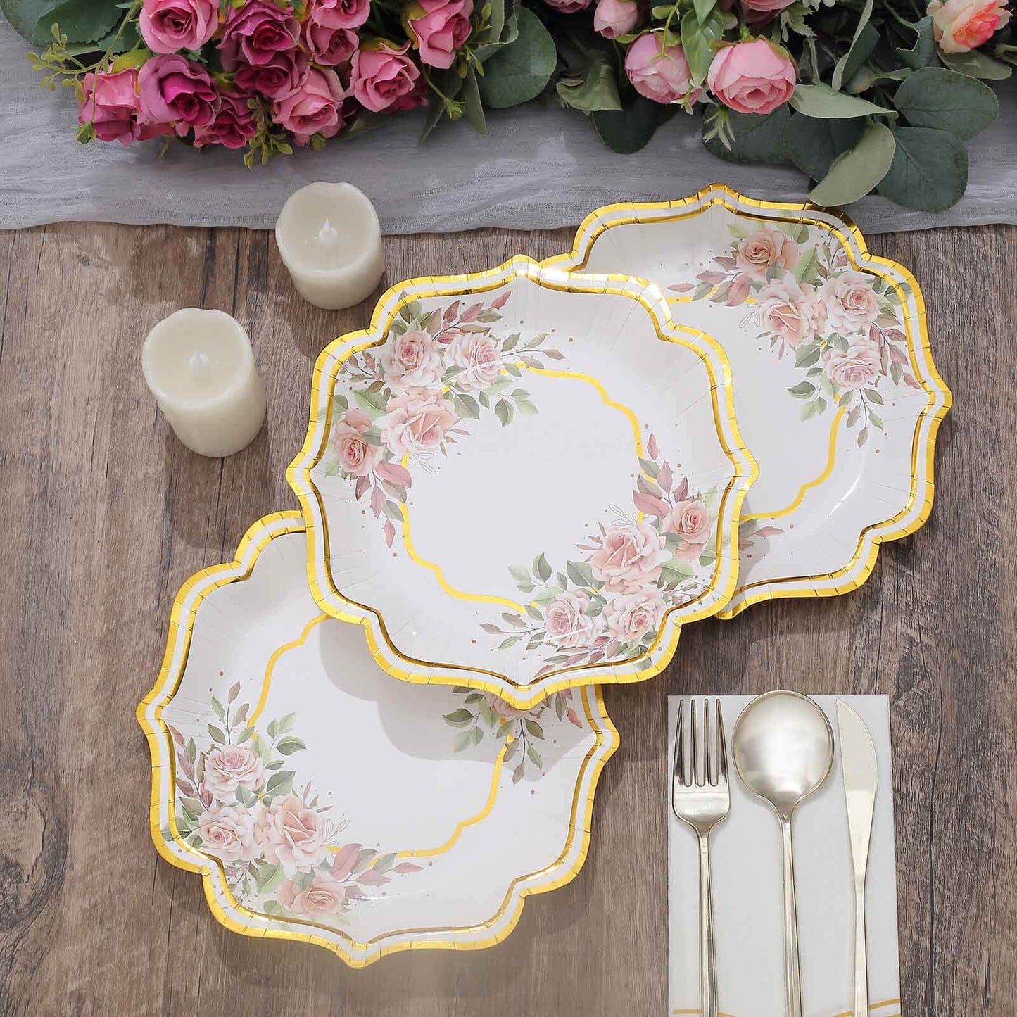 25-Pack Paper 8" Dessert Plates in White with Floral Print & Gold Scallop Rim - Disposable 300GSM Appetizer Salad Plates for Cocktail Events & Receptions