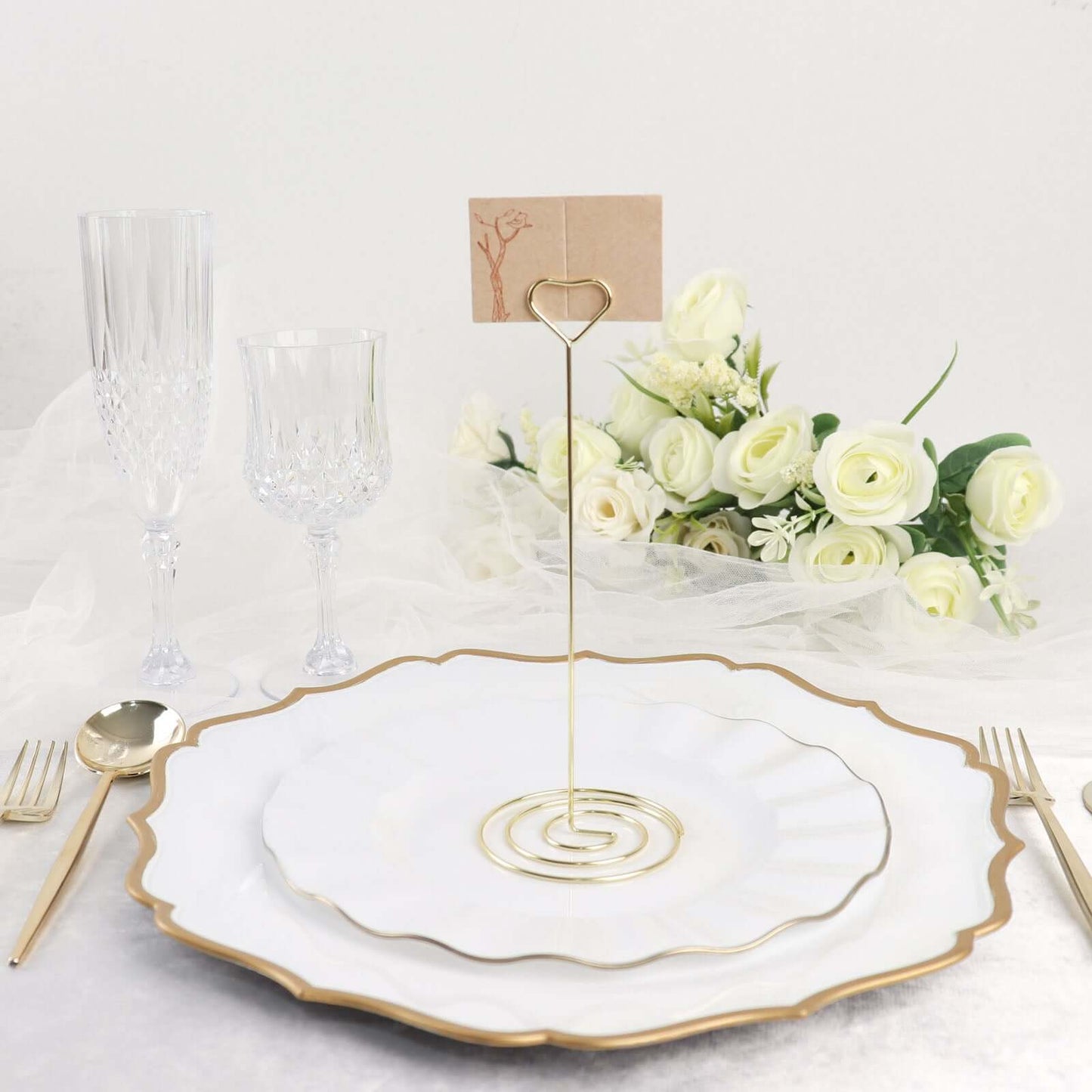 10-Pack Metal Card Holder Stands Heart Design Gold - Table Number Stands and Wedding Place Card Menu Clips 8"