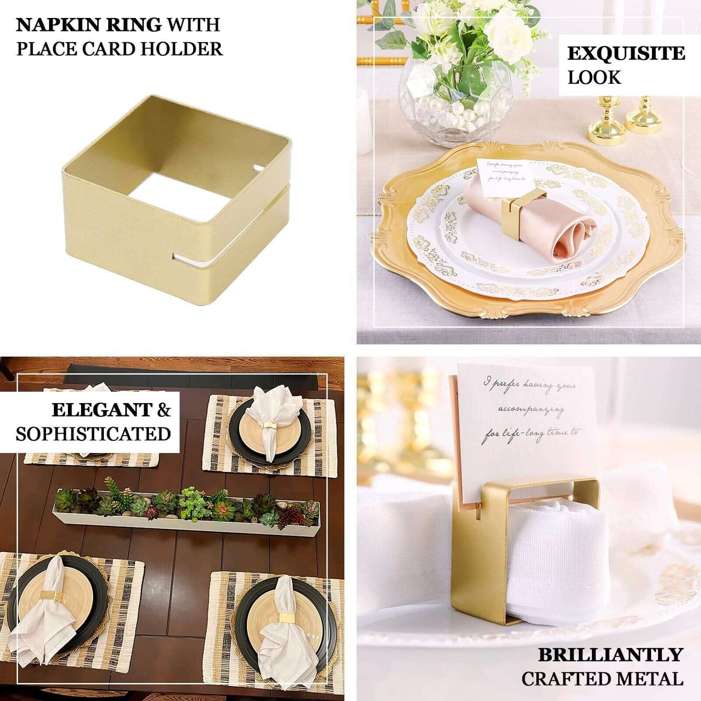 4 Pack Matte Gold Metal Square Napkin Rings with Place Card Holder, Modern Design Multipurpose Napkins Rings