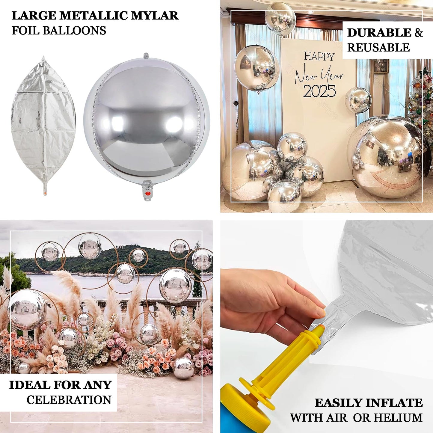 4-Pack 32" Metallic Silver Sphere Balloons, Orbz Mylar Balloons Helium or Air-Filled Party Supplies