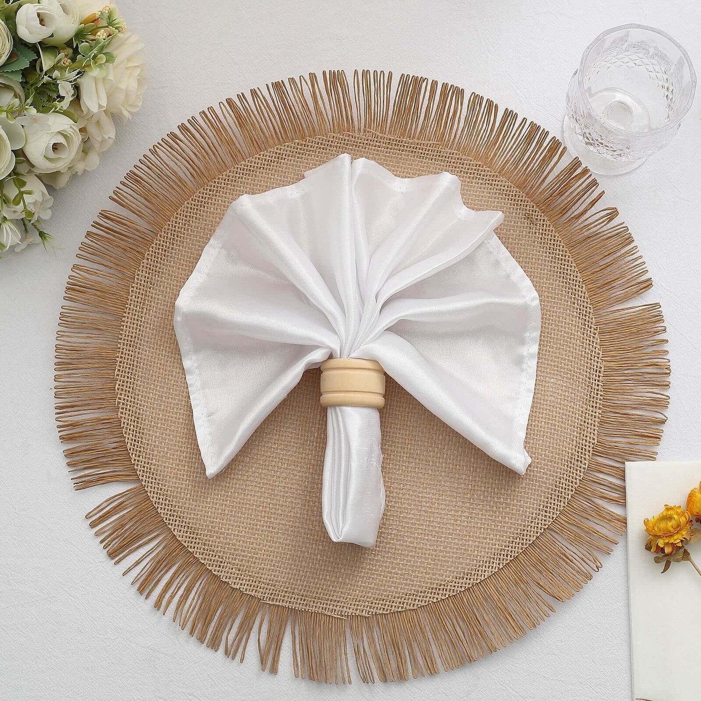 4-Pack Placemats Fringe Edge Design Natural Jute Round - Rustic Boho Chic Burlap Table Decor 16"