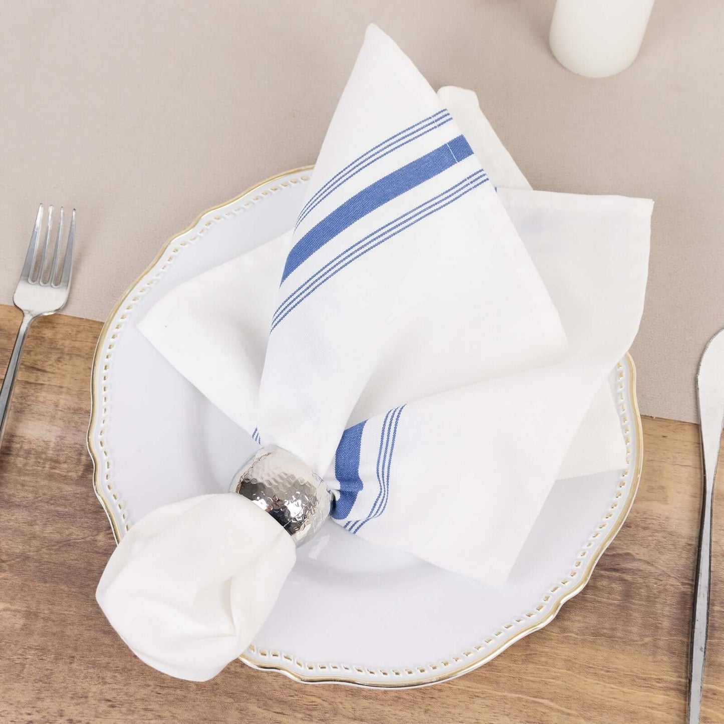 10 Pack Premium Spun Polyester 18"x22" Napkins White/Blue Bistro Style - Highly Absorbent Cotton-Like Feel Cloth Napkins