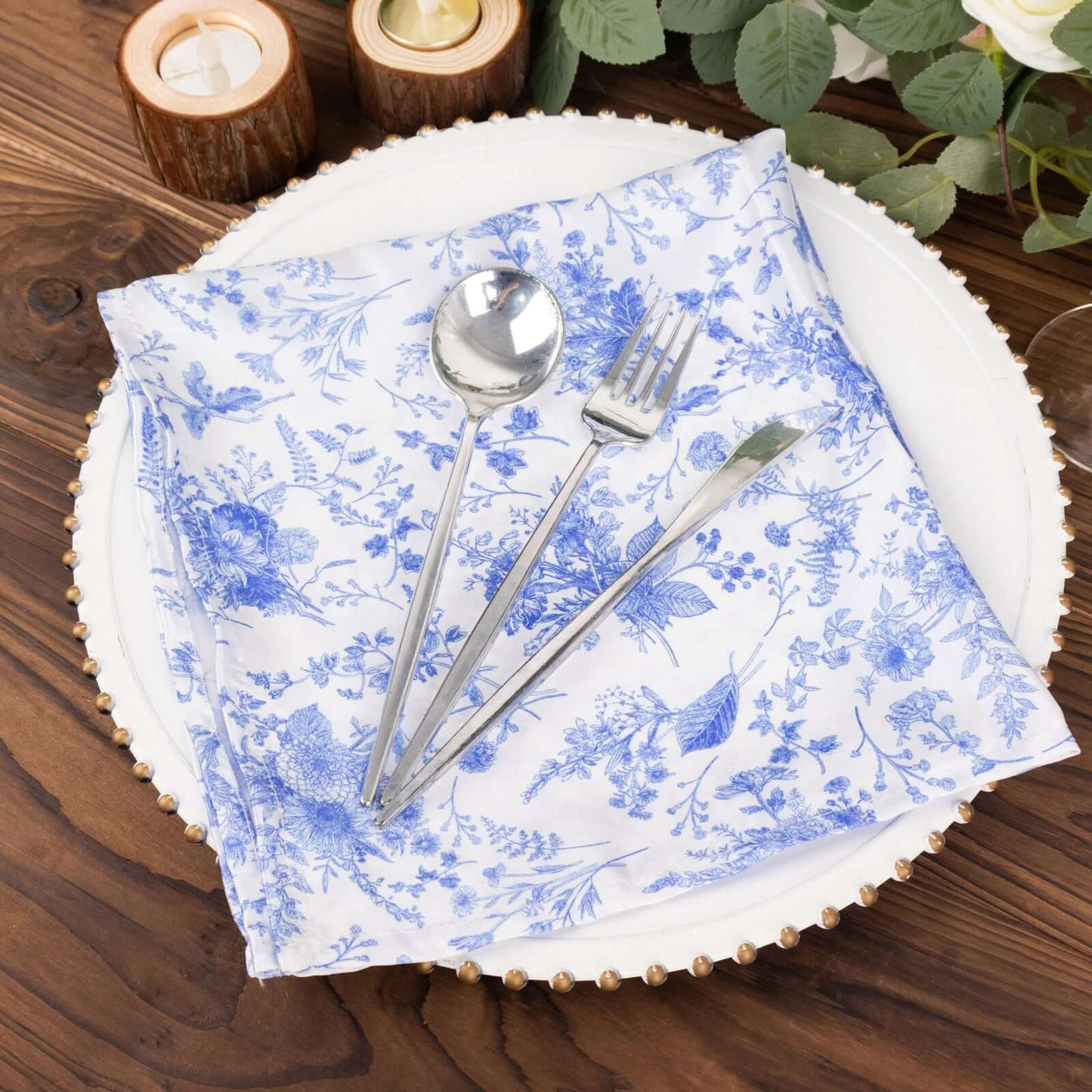 5 Pack Satin 20"x20" Napkins White/Blue French Toile Pattern - Classy & Easy to Maintain Cloth Napkins for Weddings & Events