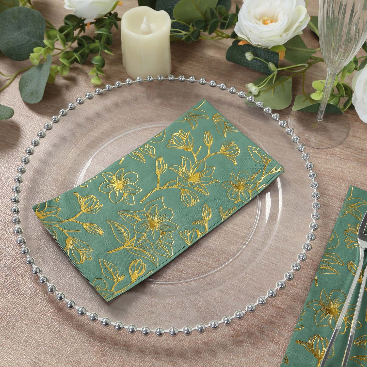 50-Pack Paper Dinner Napkins Dusty Sage Green with Gold Magnolia Flowers Print 2-Ply - Disposable Soft Napkins for Parties