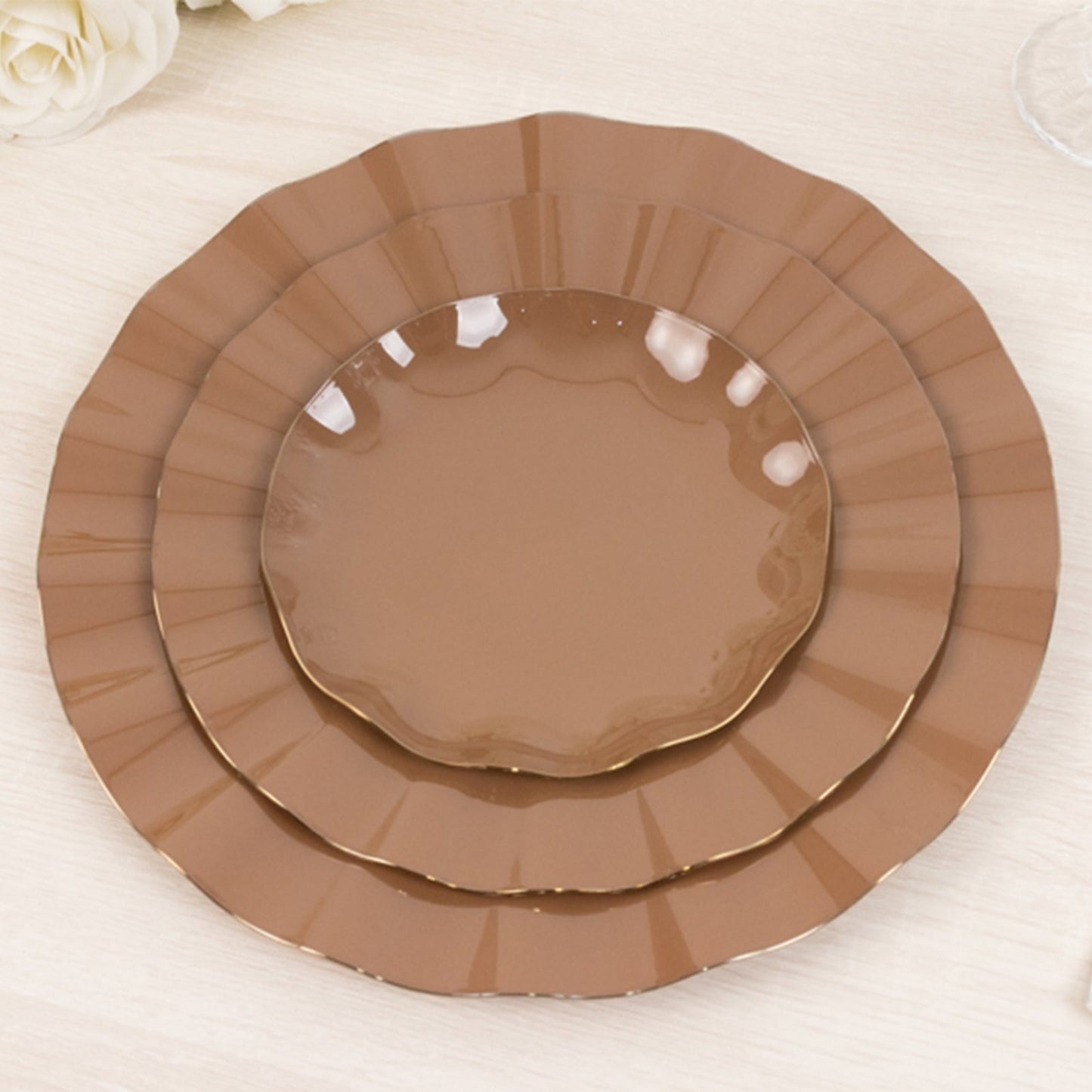10-Pack Plastic Round 6" Dessert Plates in Coffee Brown Ruffled Rim with Gold Edging - Sturdy Disposable Salad Appetizer Dinnerware