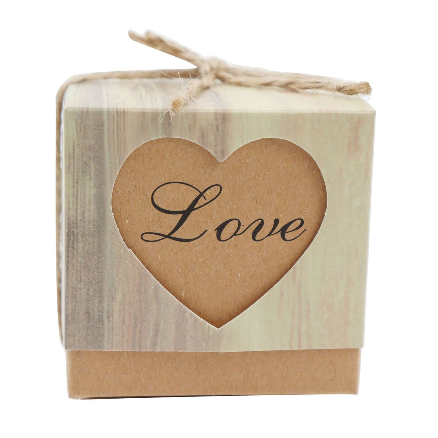 25 Pack 2.5" Rustic Wood Pattern Natural Brown Paper Candy Gift Boxes, Square Party Favor Boxes with Burlap Jute Twine and Love Heart Cut Out