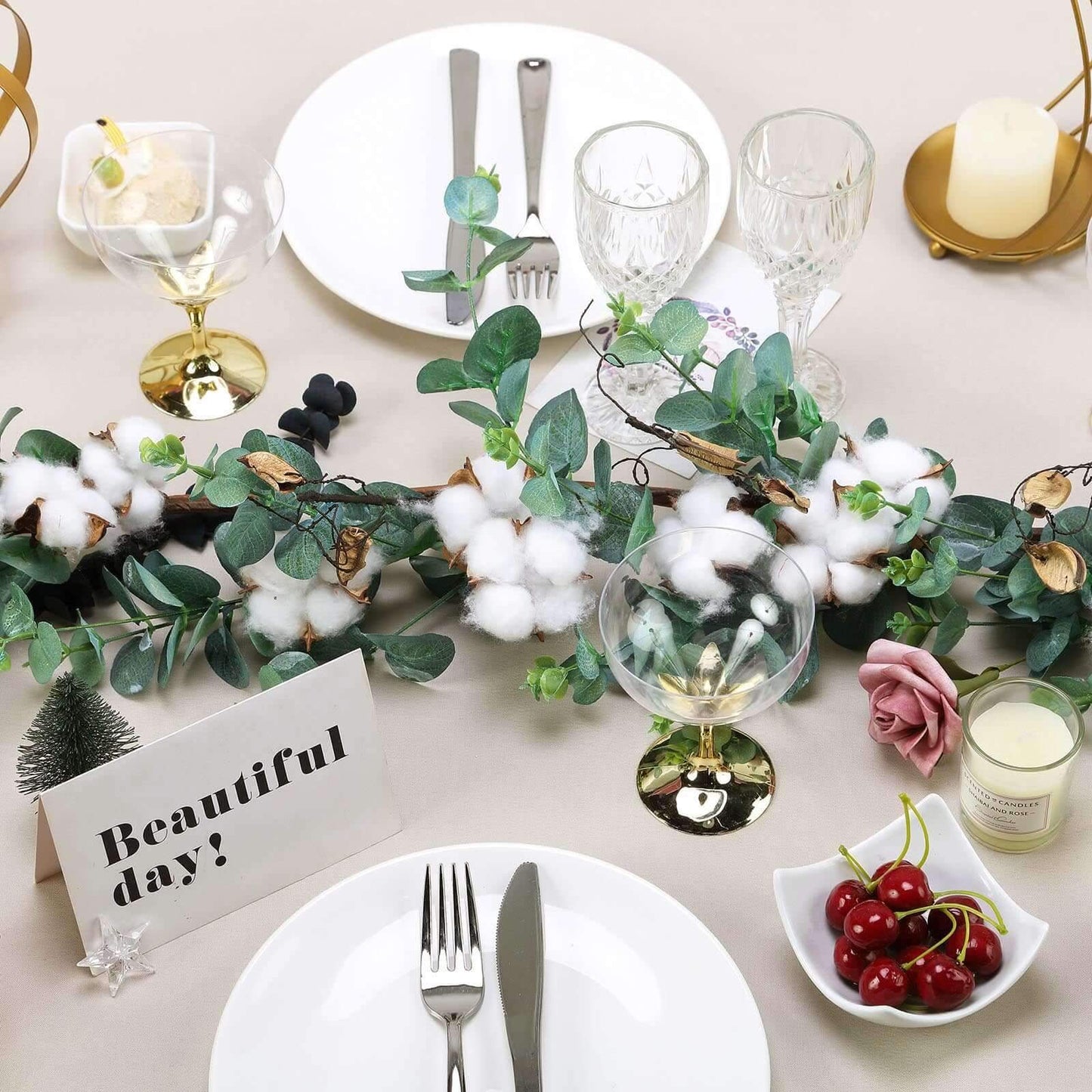 5ft Green Artificial Eucalyptus Leaf, White Cotton Ball Garland Vine