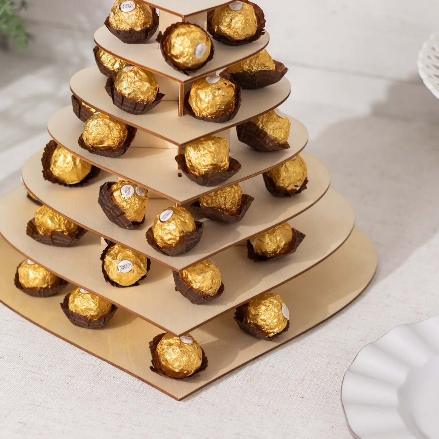 7-Tier Wooden Chocolate Display Stand Heart Shape Natural with "Love" Topper - DIY Dessert Table Tower Rack 16"