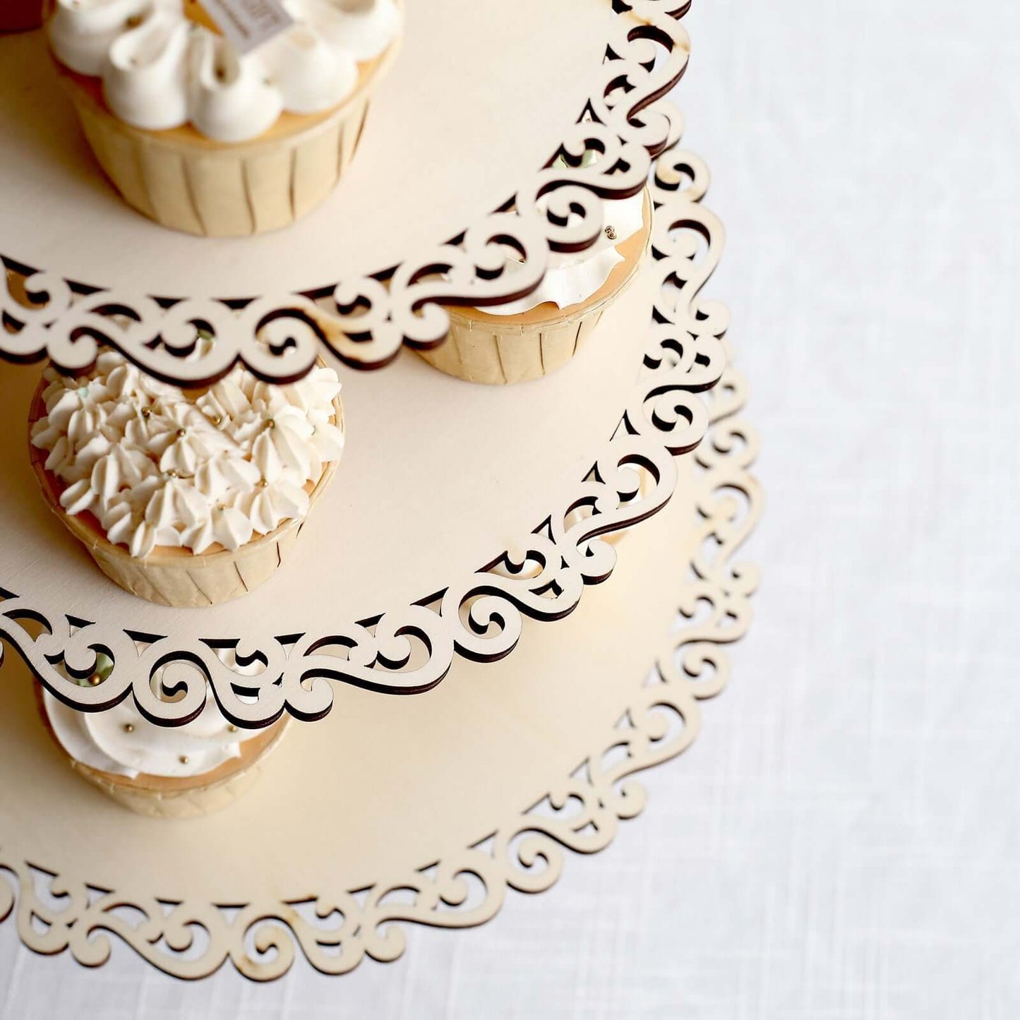 3-Tier Wooden Cupcake Stand Floral Edge Design Natural - Rustic Round Dessert Display Table Centerpiece 16"