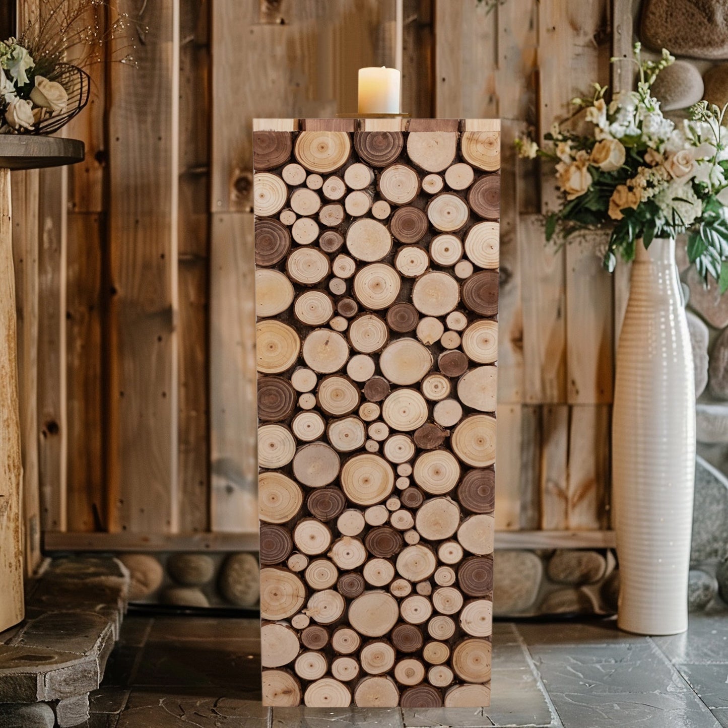 30" Natural Wooden Slices Pillar Prop Pedestal Stand, Rustic Farmhouse Wood Riser Rectangular Plant Stand