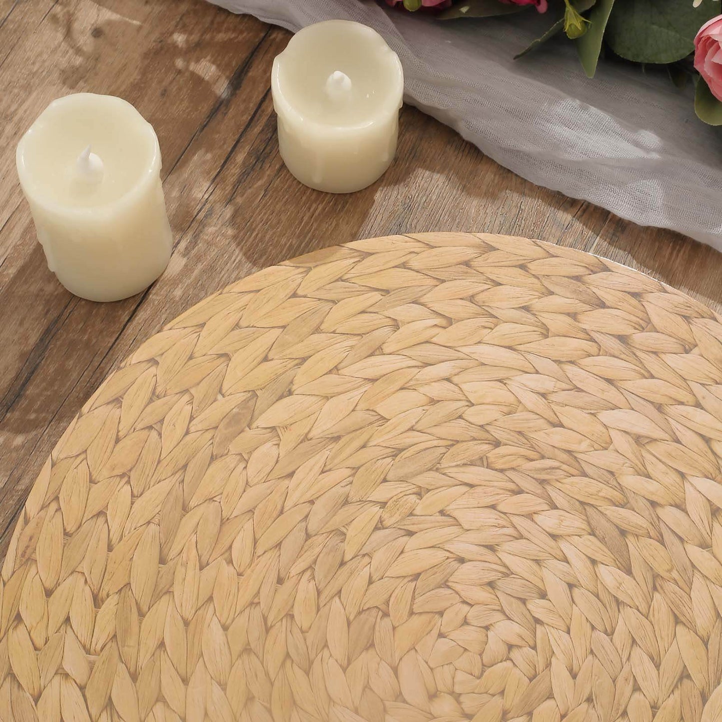 6-Pack Disposable Table Placemats in Natural with Woven Rattan Print - 700GSM Cardboard Placemats for Rustic Themes & Outdoor Events 13"