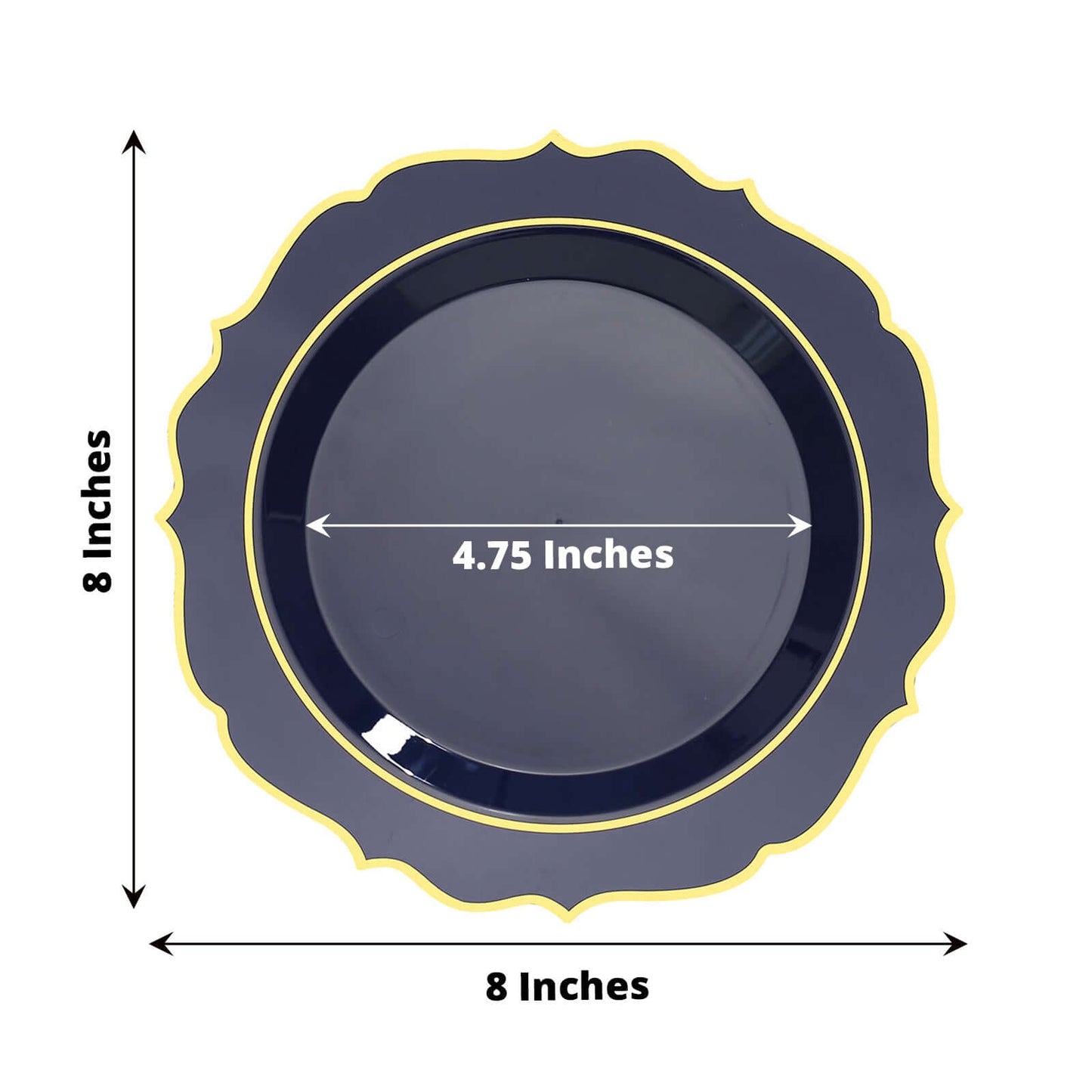 10-Pack Plastic 8" Round Dessert Plates in Navy Blue with Gold Scalloped Rim - Disposable Appetizer/Salad Plates