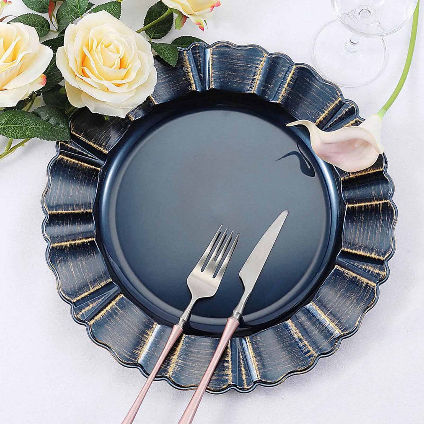 6-Pack Acrylic Plastic Round Charger Plates 13" in Navy Blue with Gold Brushed Wavy Scalloped Rim, Decorative Dinner Party Charger Tableware