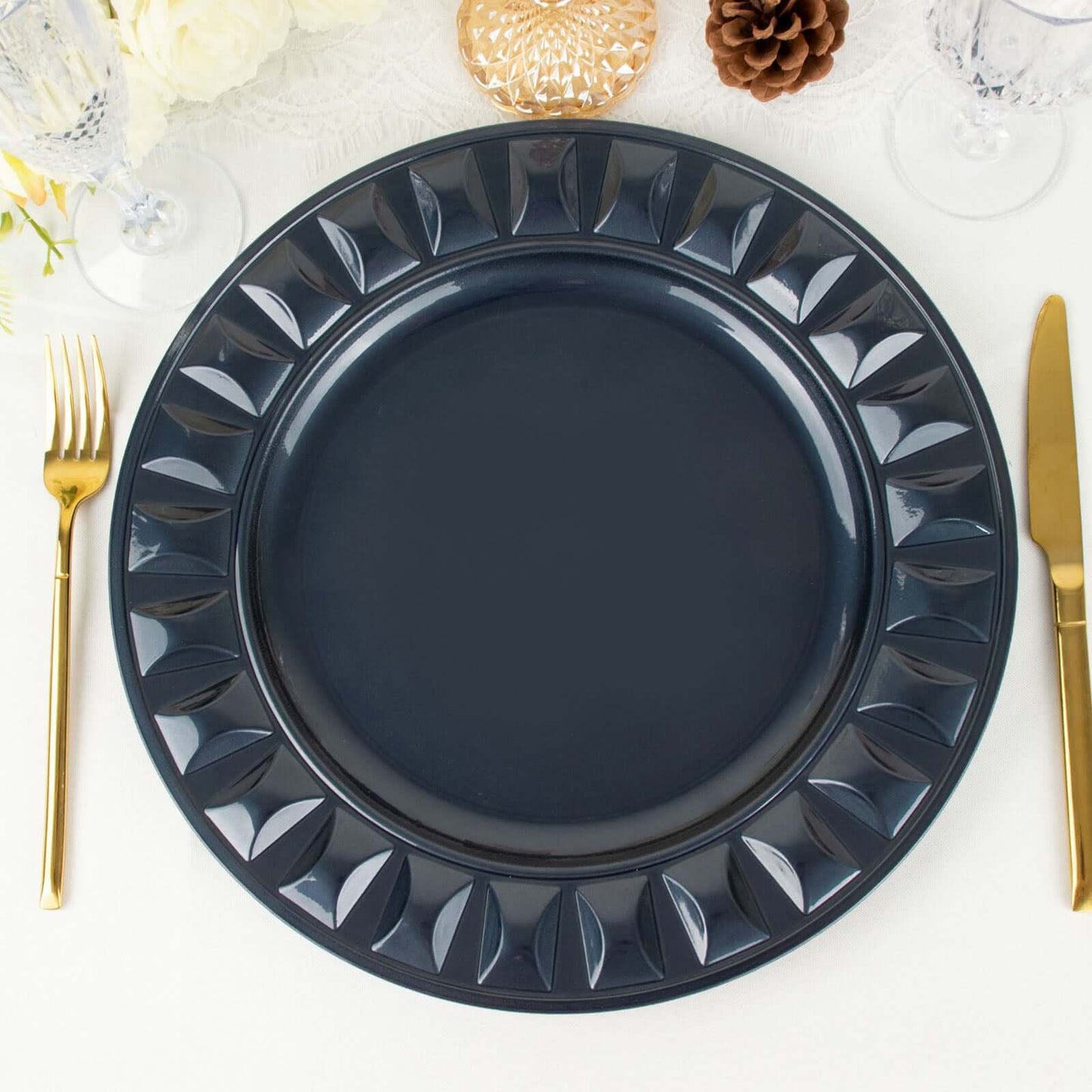 6-Pack Plastic Round Charger Plates 13" in Navy Blue with Bejeweled Rim, Luxe Decorative Dinner Party Charger Tableware