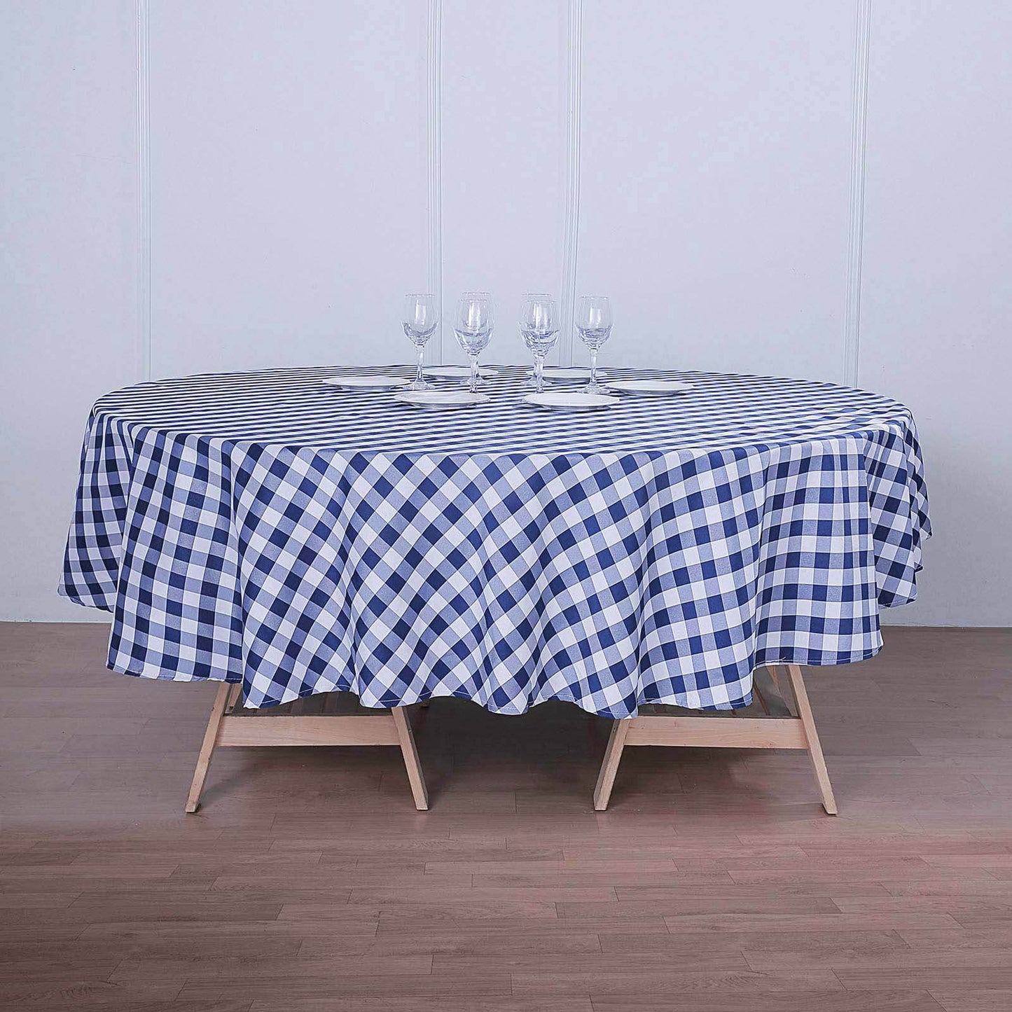 Polyester 108" Round Tablecloth White/Navy Blue - Checkered Buffalo Plaid Table Cover