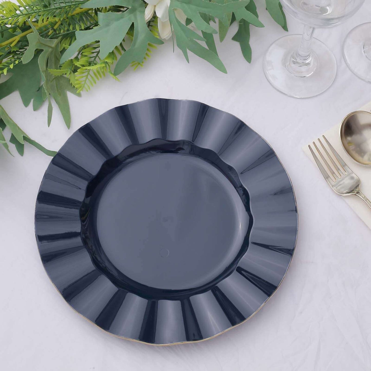 10-Pack Plastic 9" Round Dinner Plates in Navy Blue Ruffled Rim with Gold Edging - Sturdy Disposable Dinnerware