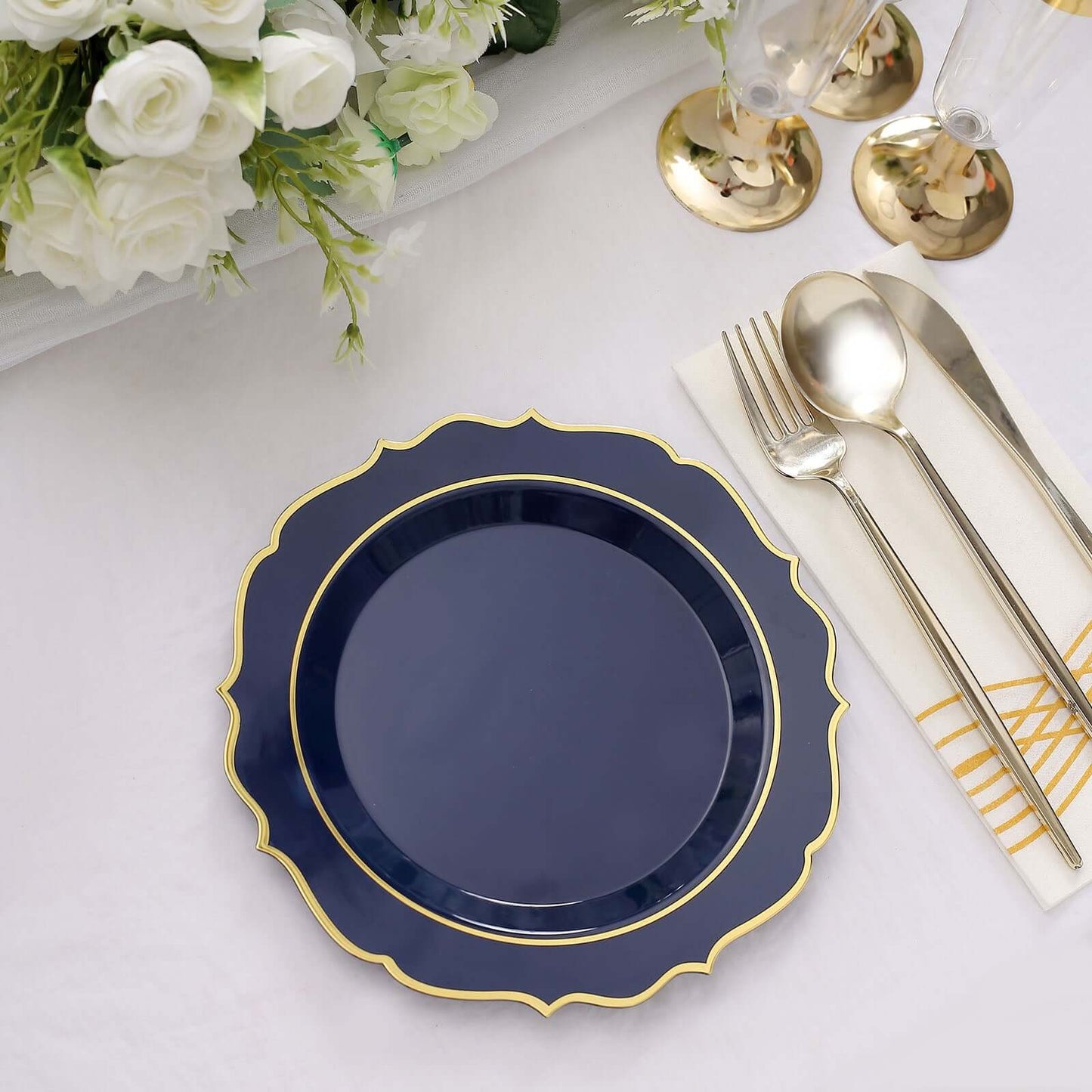 10-Pack Plastic 8" Round Dessert Plates in Navy Blue with Gold Scalloped Rim - Disposable Appetizer/Salad Plates