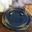 10-Pack Plastic 10" Round Dinner Plates in Navy Blue with Gold Leaf Embossed Rim - Disposable Vintage Baroque Style Plates