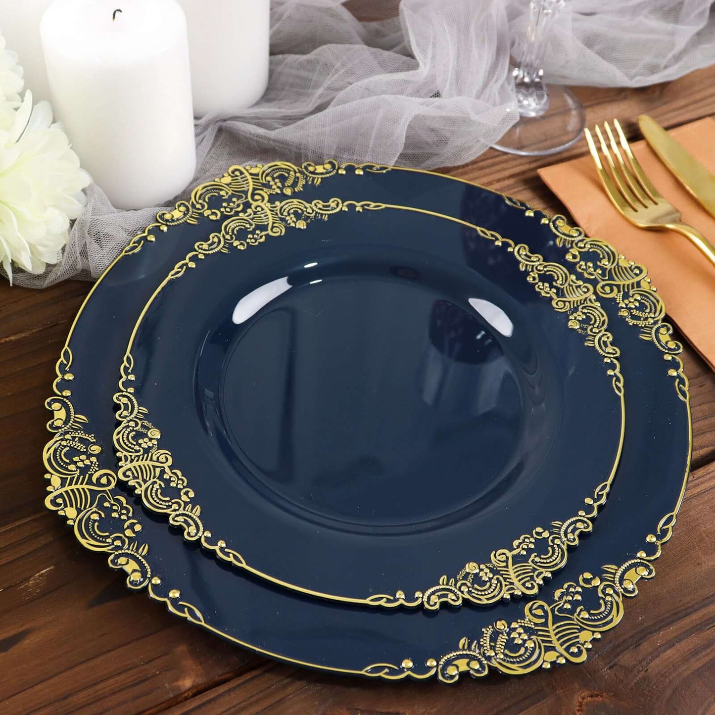 10-Pack Plastic 10" Round Dinner Plates in Navy Blue with Gold Leaf Embossed Rim - Disposable Vintage Baroque Style Plates
