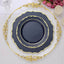 10-Pack Plastic 8" Round Dessert Plates in Navy Blue with Gold Scalloped Rim - Disposable Appetizer/Salad Plates