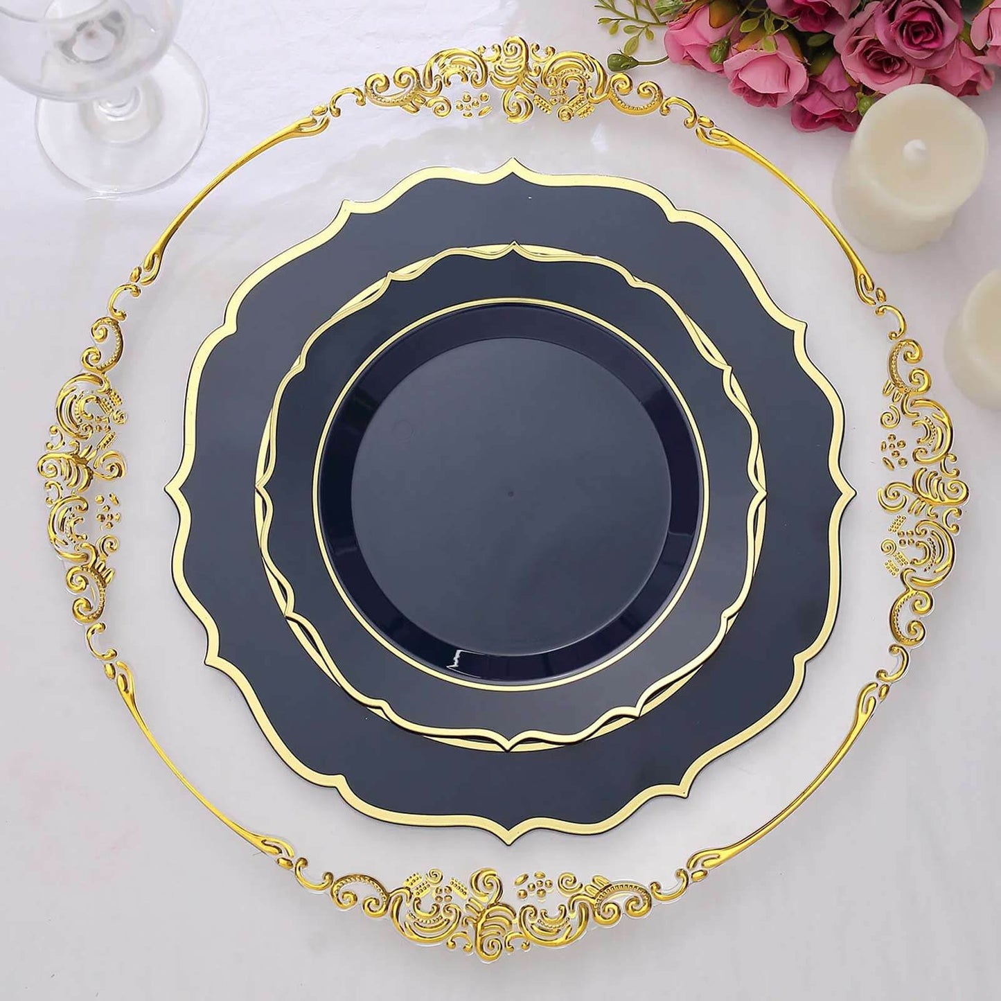 10-Pack Plastic 8" Round Dessert Plates in Navy Blue with Gold Scalloped Rim - Disposable Appetizer/Salad Plates
